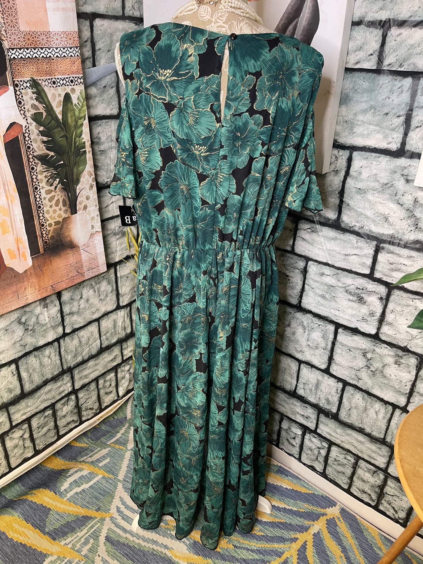 NEW Alexa B Nites Green Gold Print Dress Women sz 14
