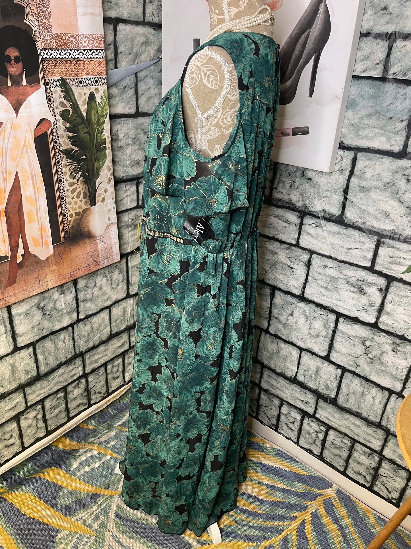 NEW Alexa B Nites Green Gold Print Dress Women sz 14