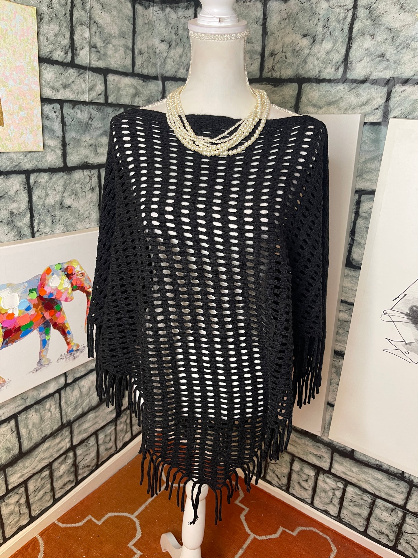 Black Fringe Cover Up Women sz One Size (say it fits up to Large)