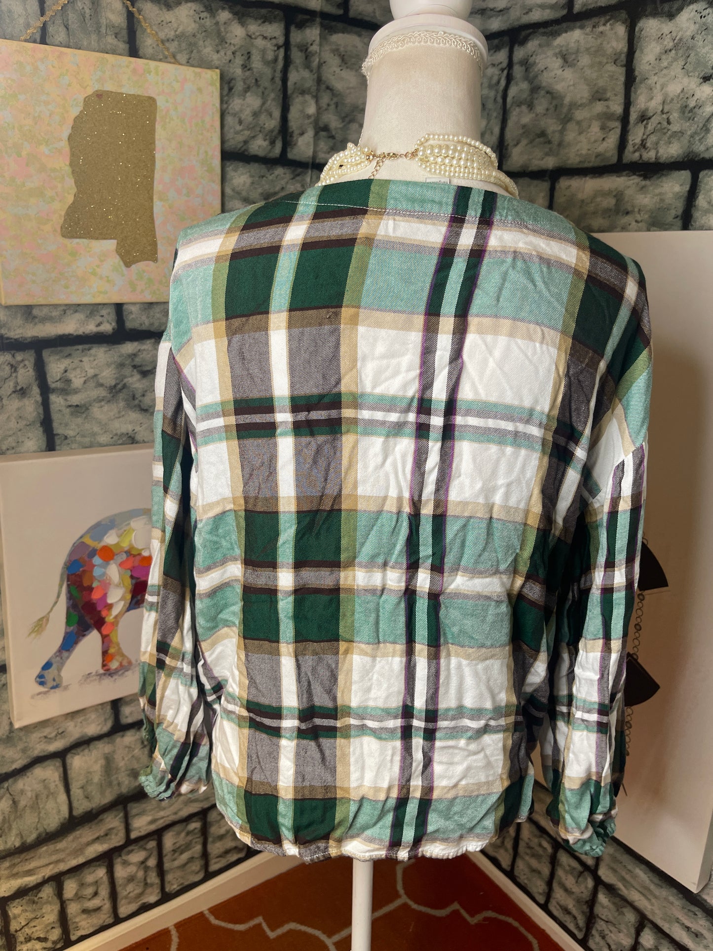 Est 1946 Brown Green Blouse Women sz Medium