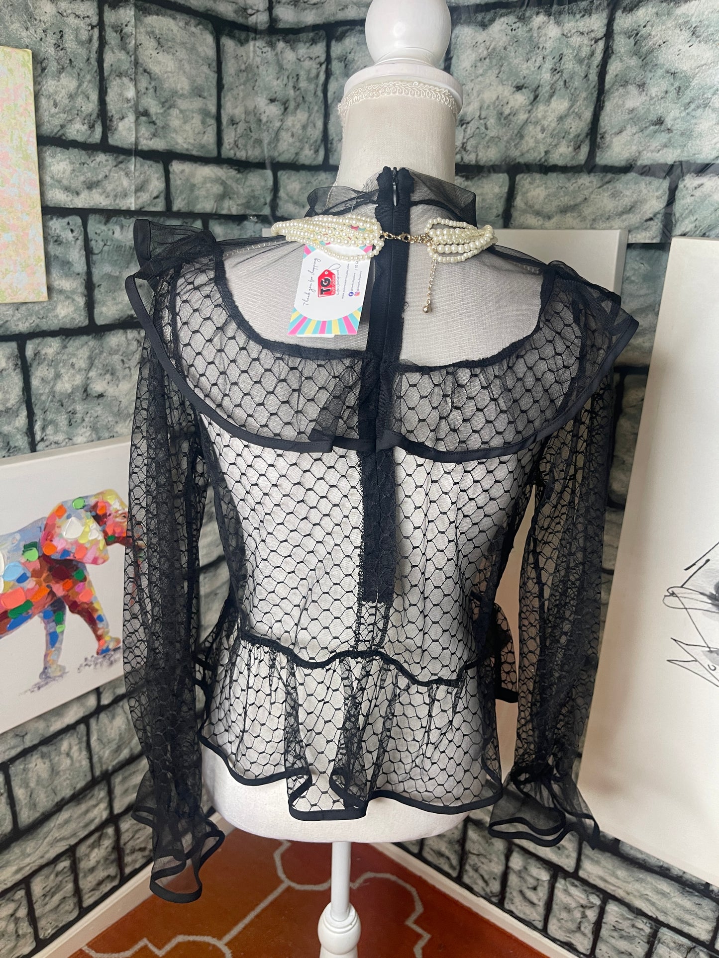 Black See Through Blouse Women sz Large