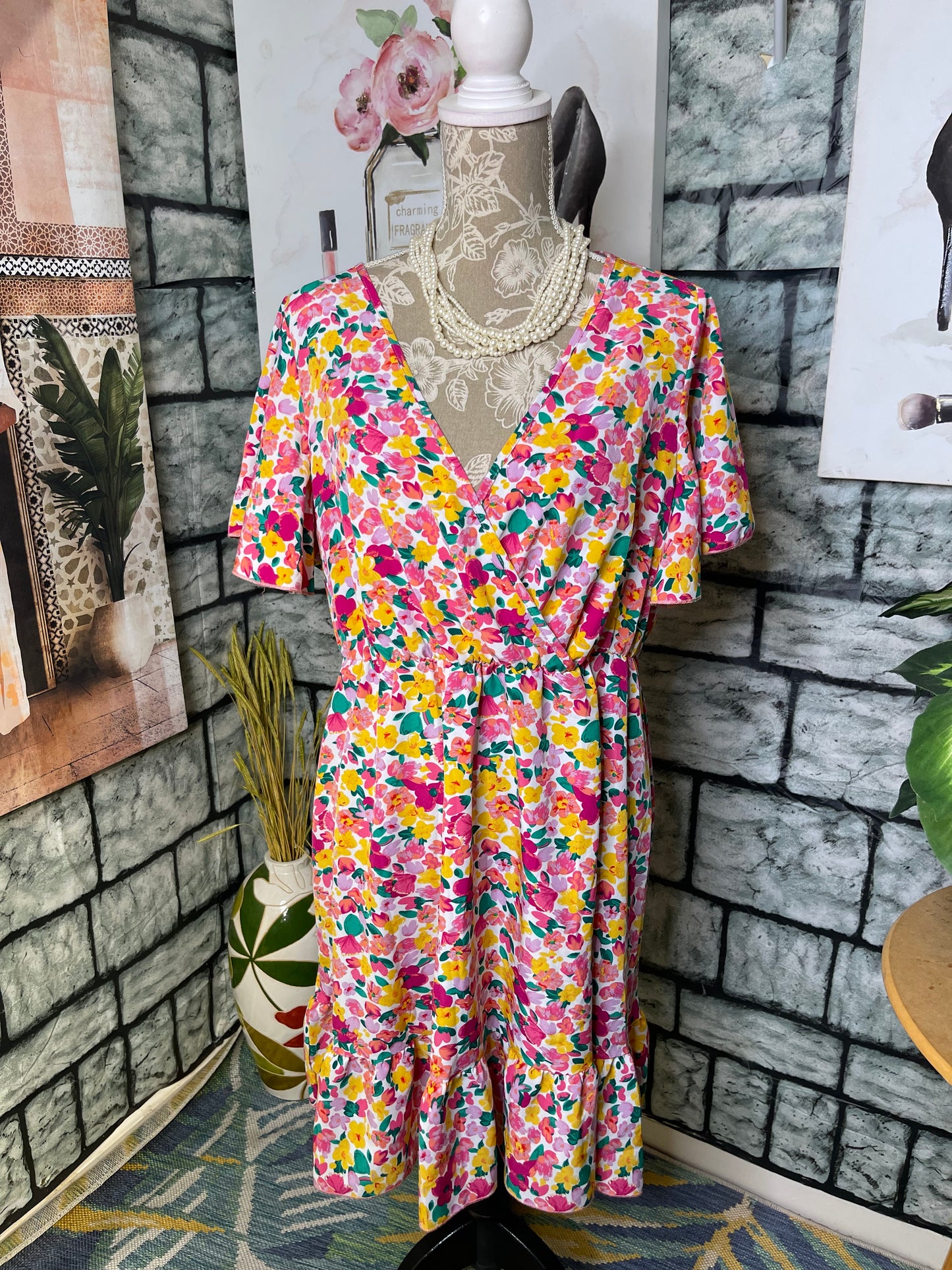 Shein Pink Yellow Floral Dress Women sz 2XL