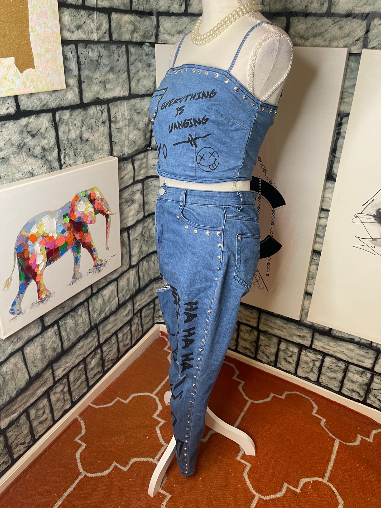 Latiste 2 piece blue jeans pants set women sz medium