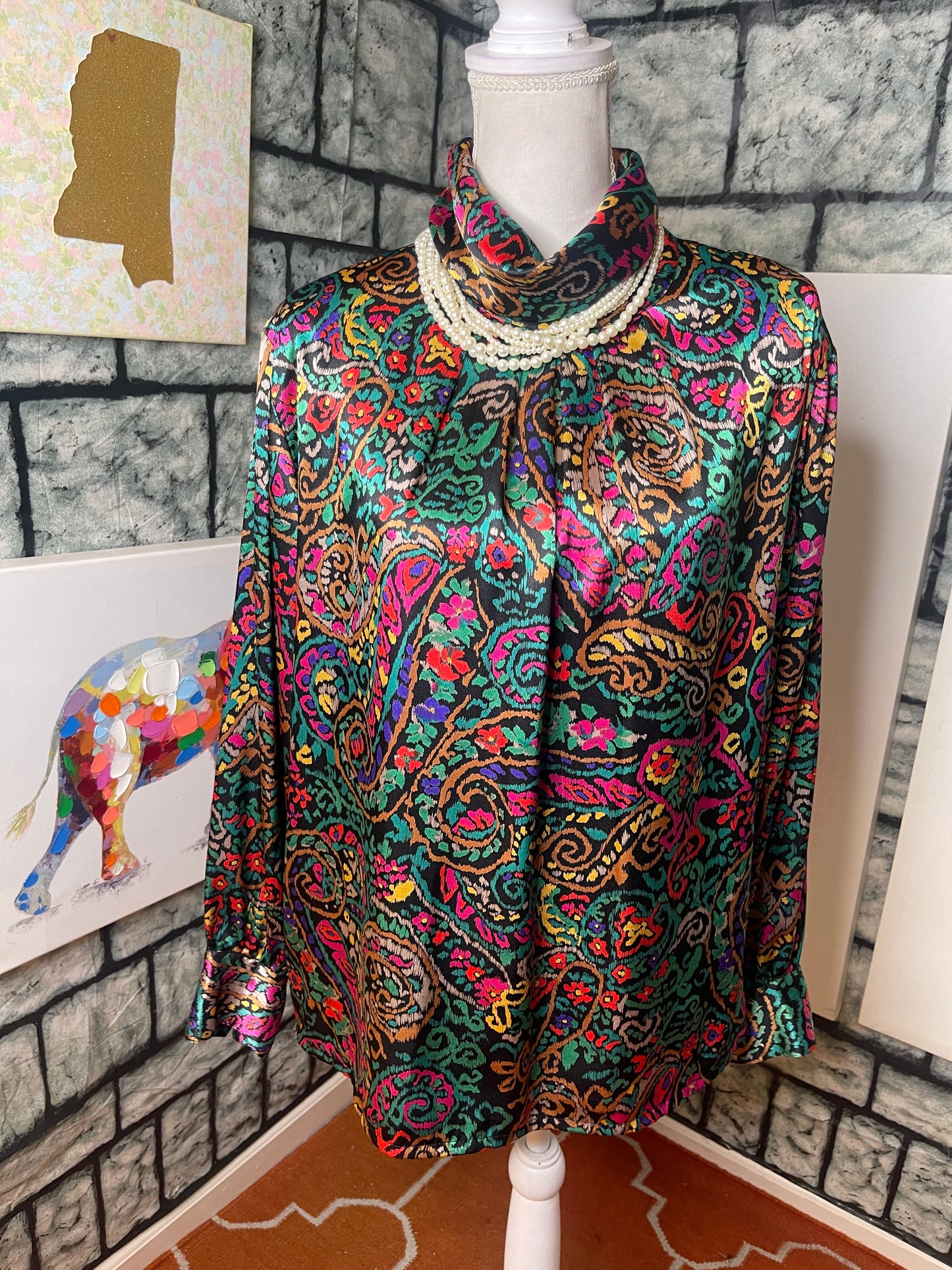 Yves St Clair Colorful Silk Blouse Women sz 14