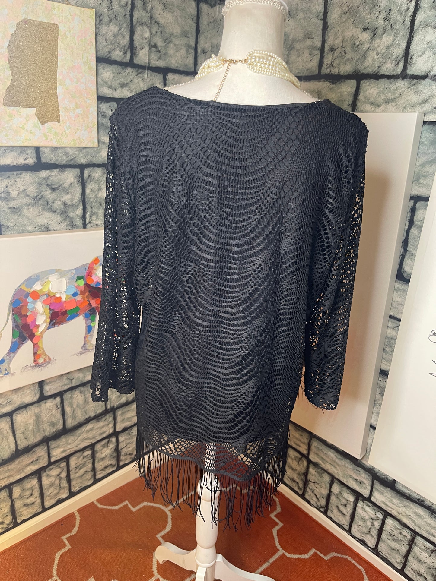Melissa Paige Black Fringe Blouse Women sz XL