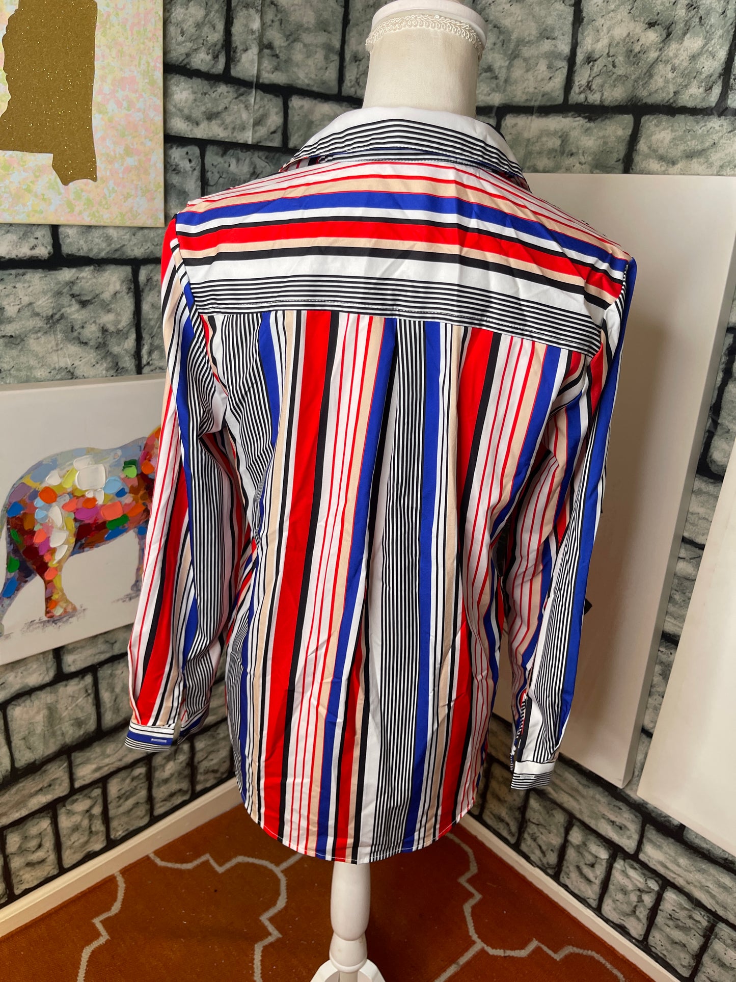 Red White Blue Button Blouse Women sz Medium