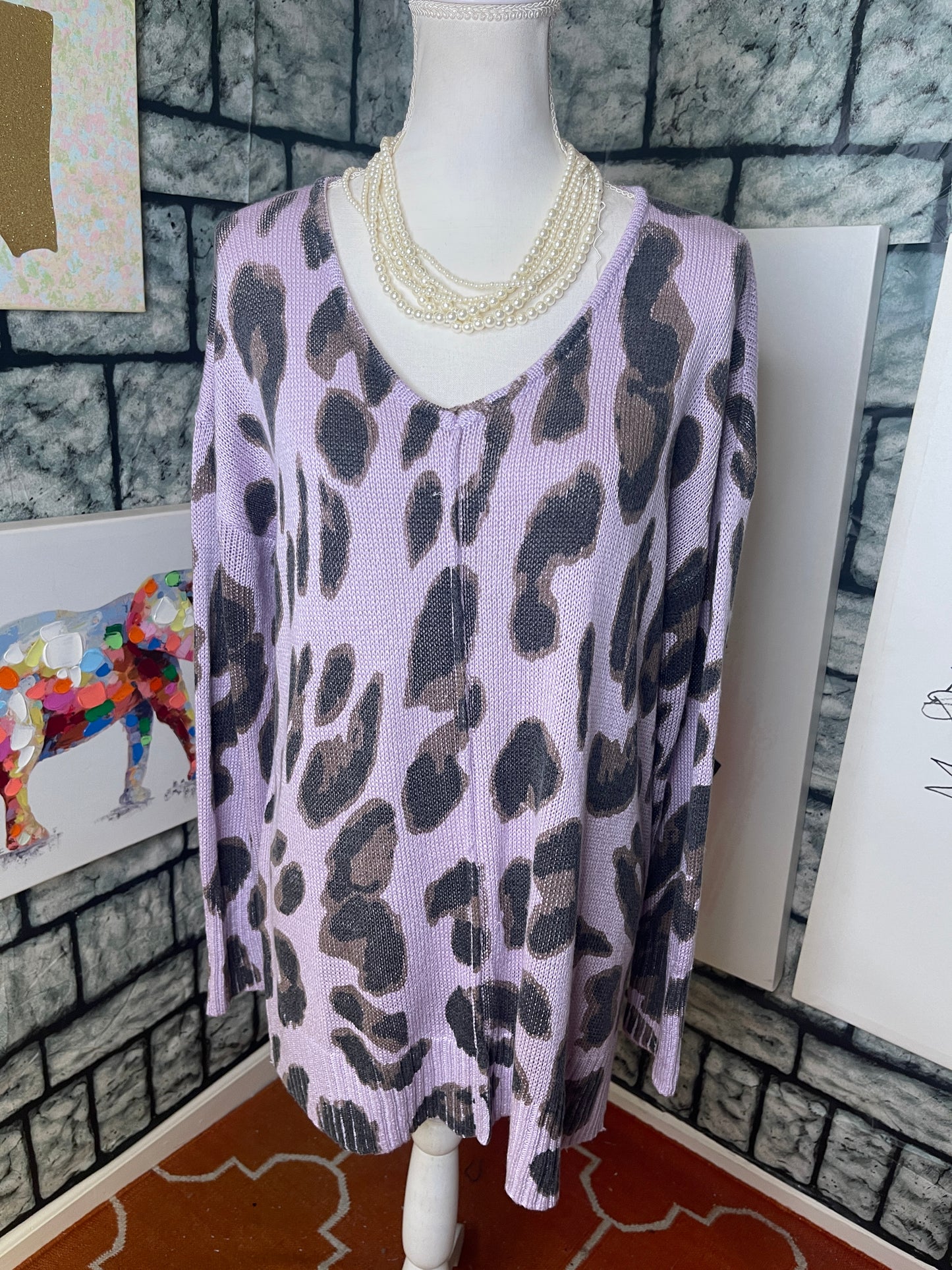 Oddy Purple Gray Animal Print Sweater Women sz Medium / Large