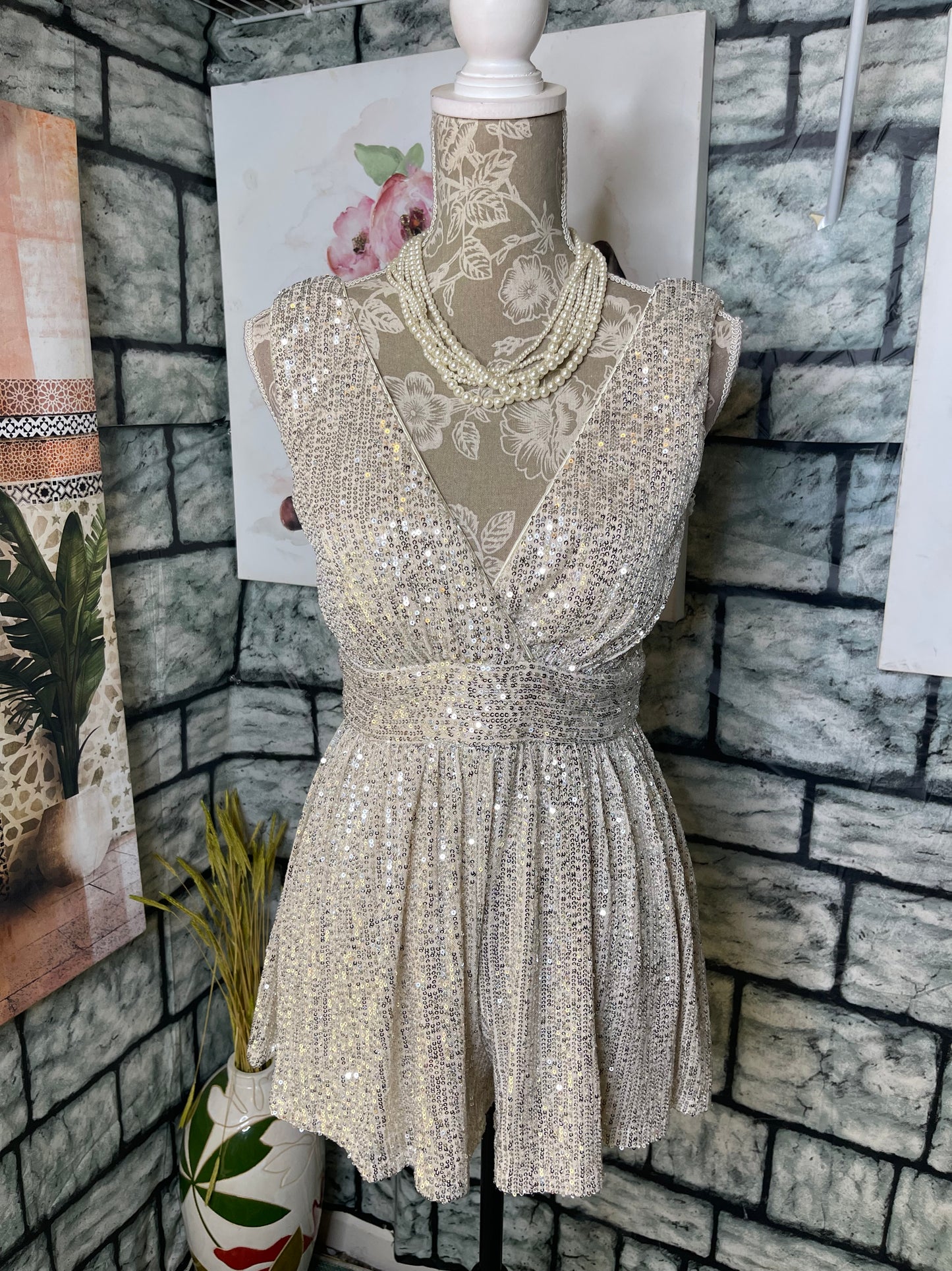 NEW Lulus Silver Tan Sequin Romper Women sz Small