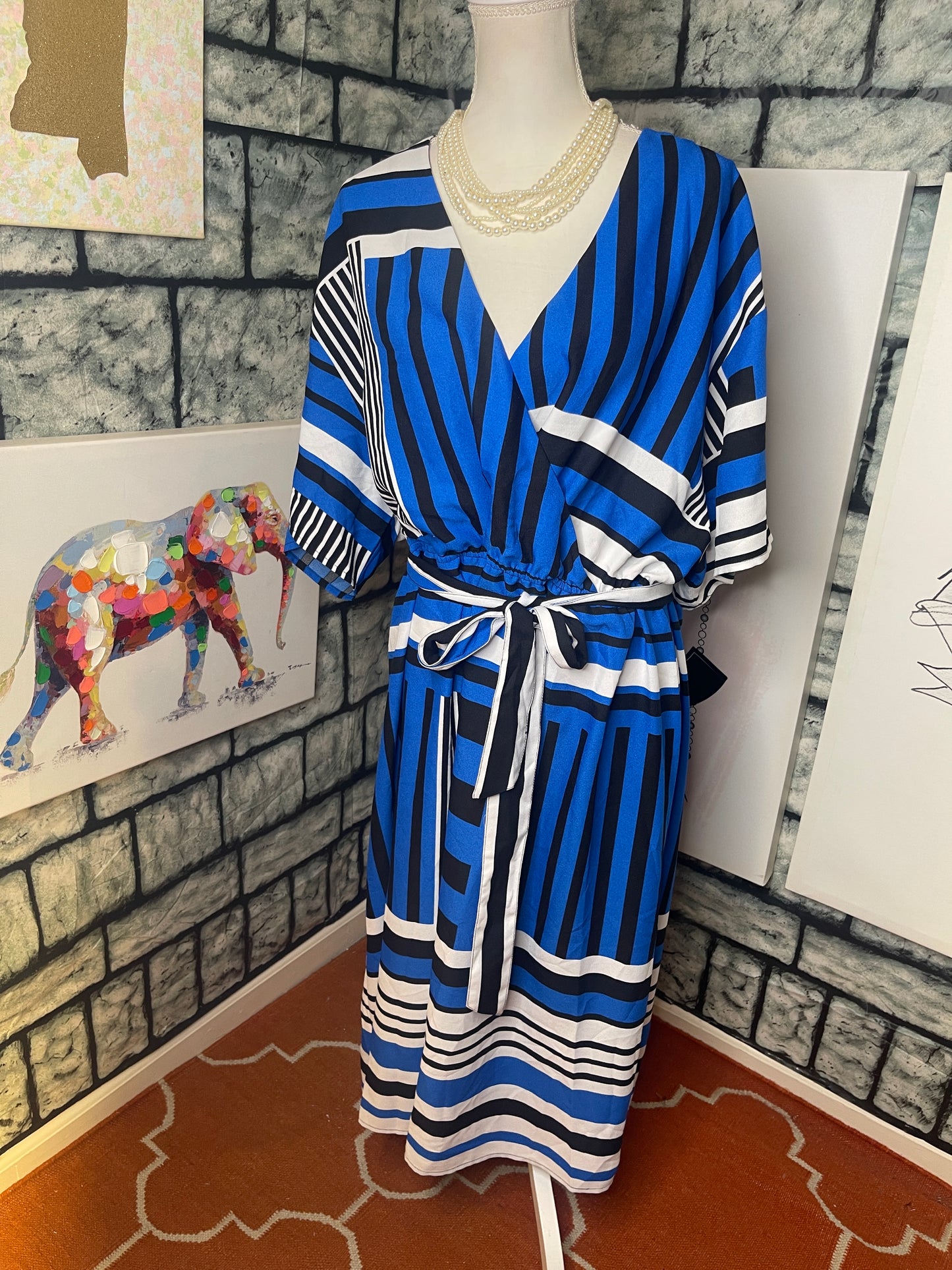 Masseys Blue White Black Dress Women sz 2XL
