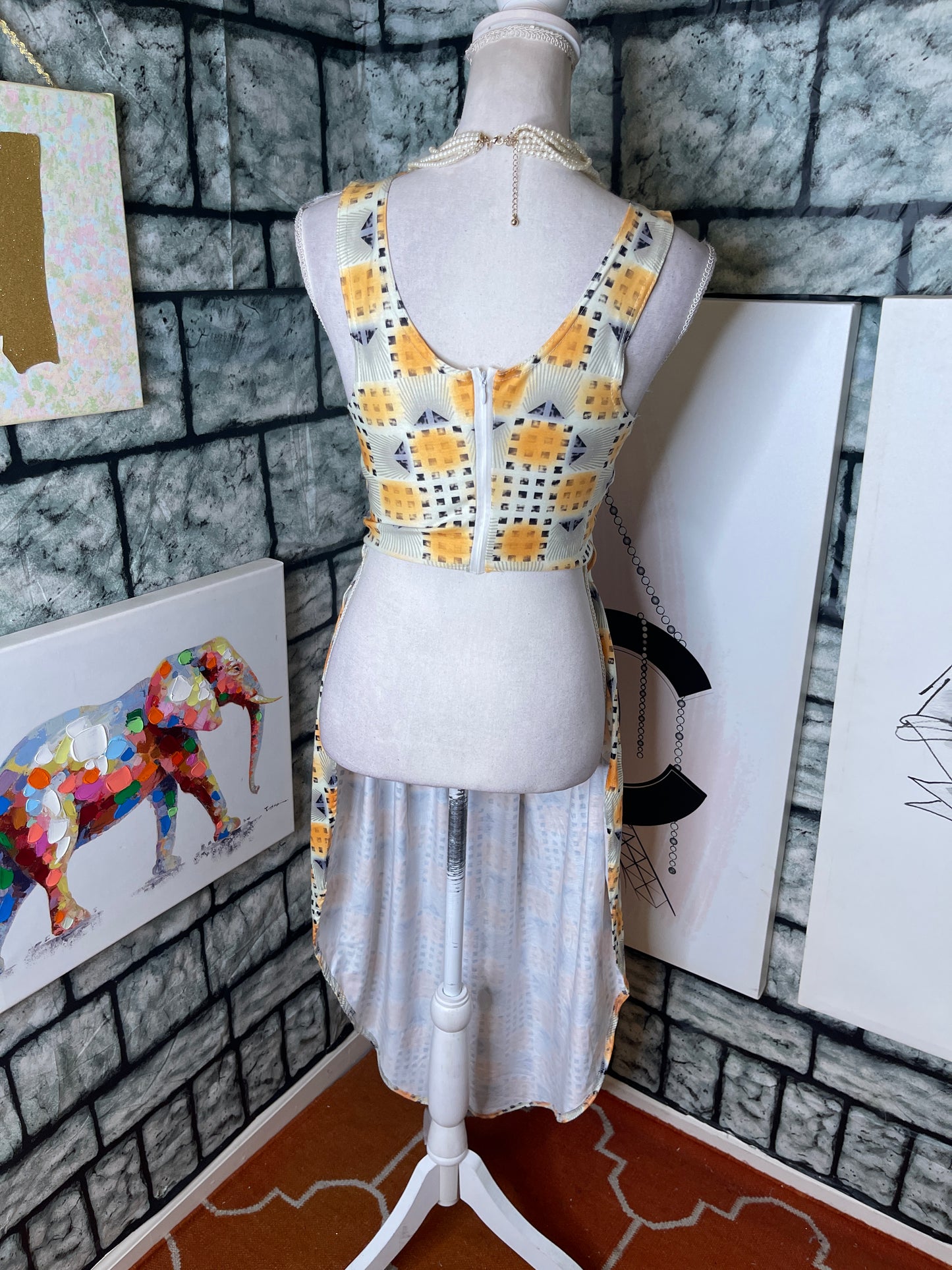 Yellow Black White Blouse Women sz Large