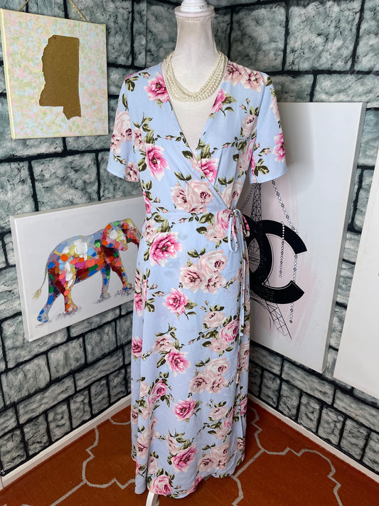 Magnolia Blue Pink Floral Dress Women sz XL