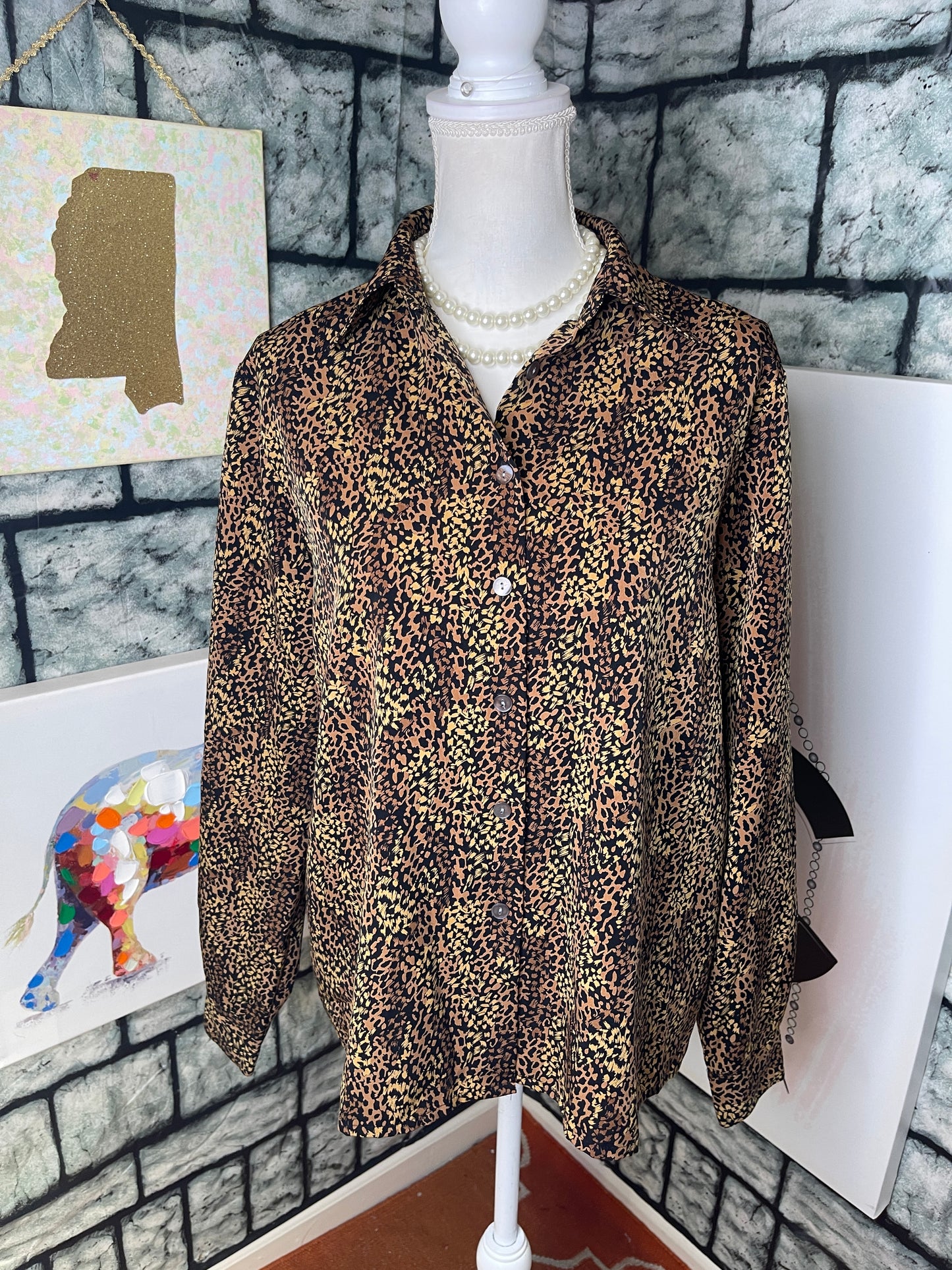 Liz Baker brown black button blouse women sz 12