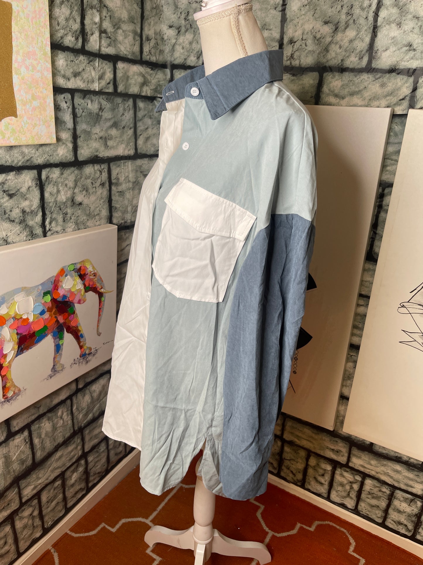 Shein blue white shirt dress women sz medium