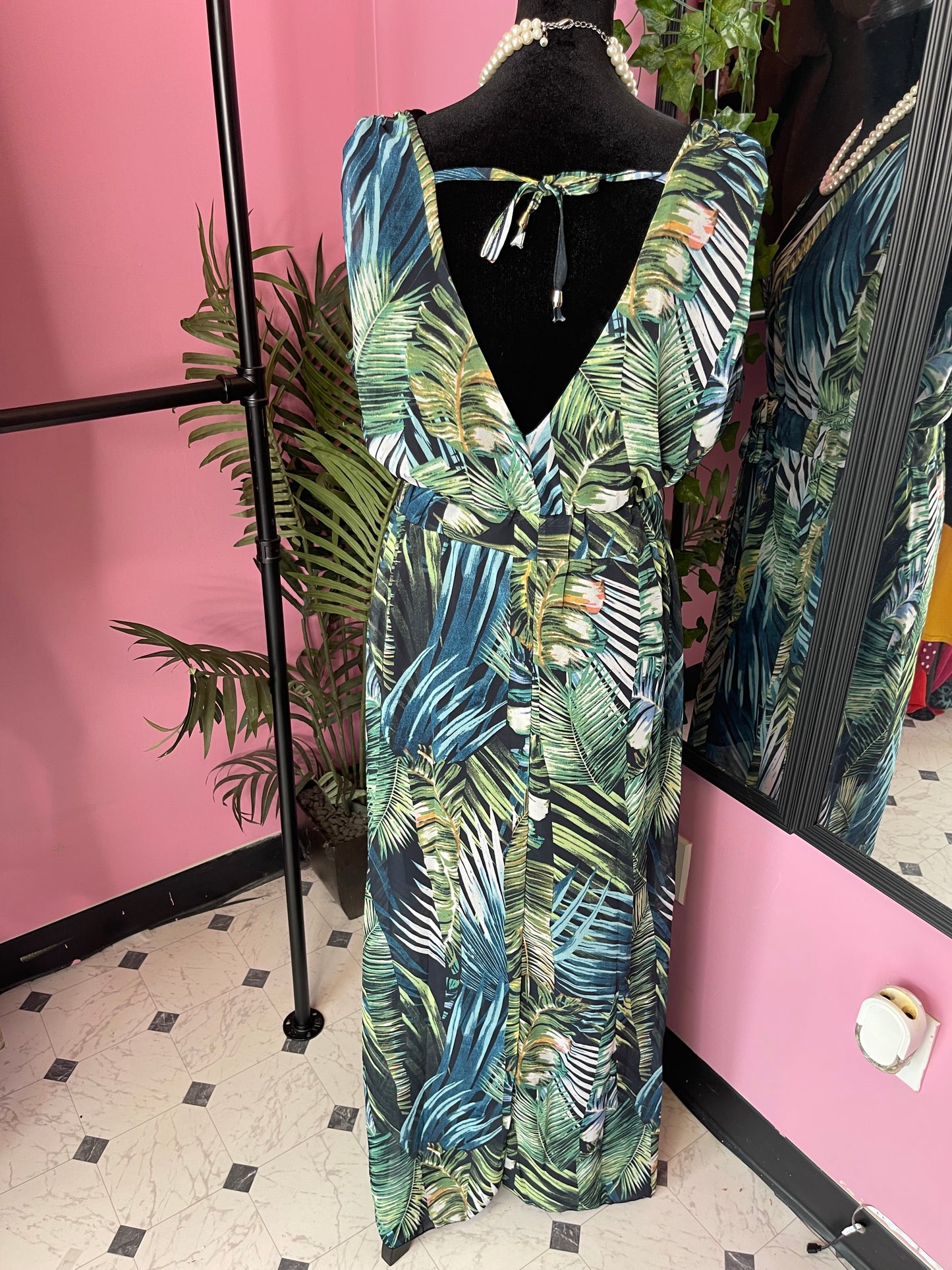 Blue Green Tropical Dress Women sz Large