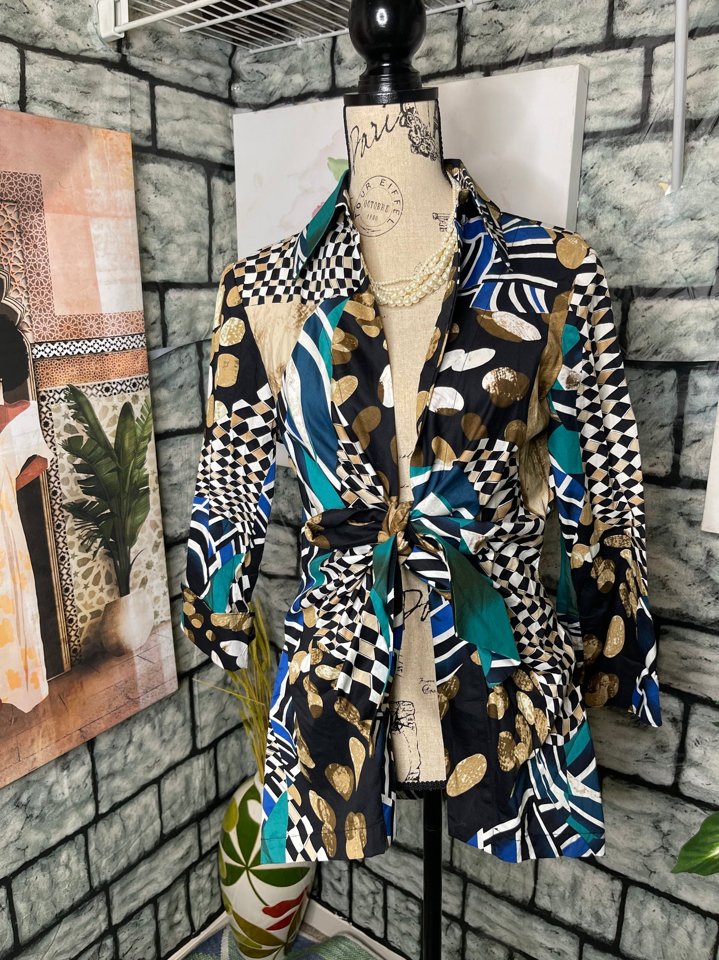 Mishca Blue Black Print Blouse Women sz Large