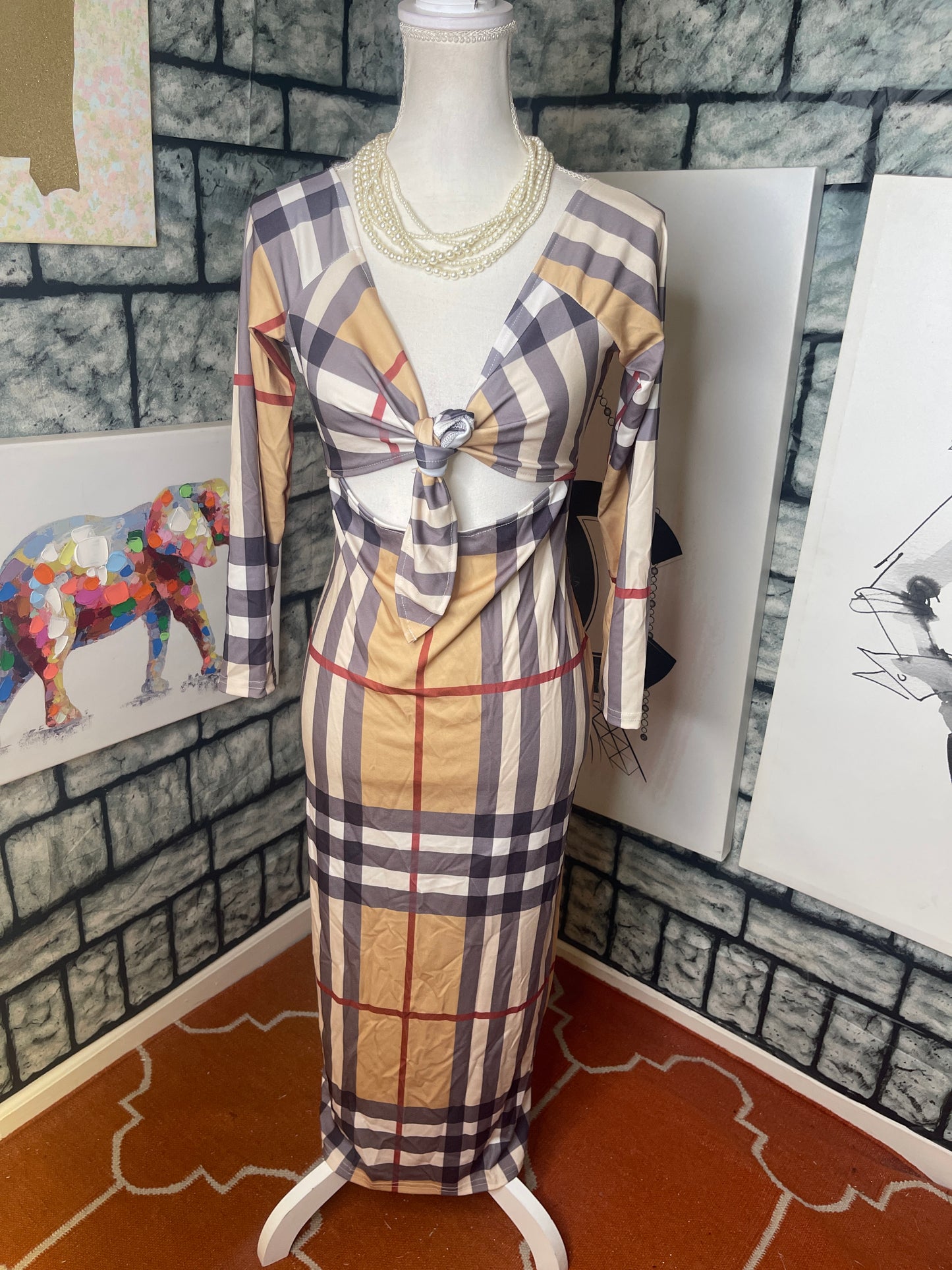 Tan Red "Burberry" Looking Dress Women sz XL