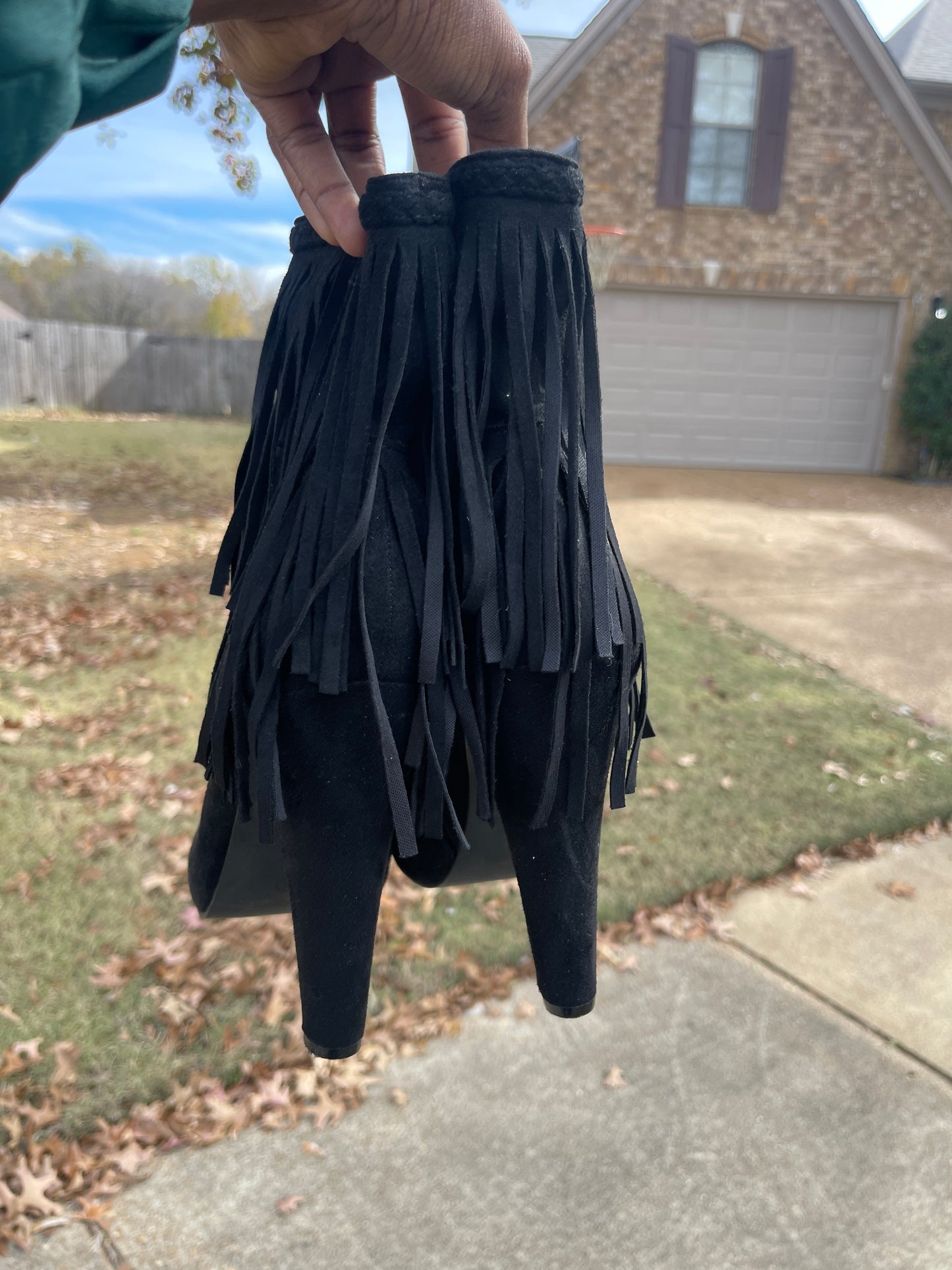 Black fringe heels boots women sz 11