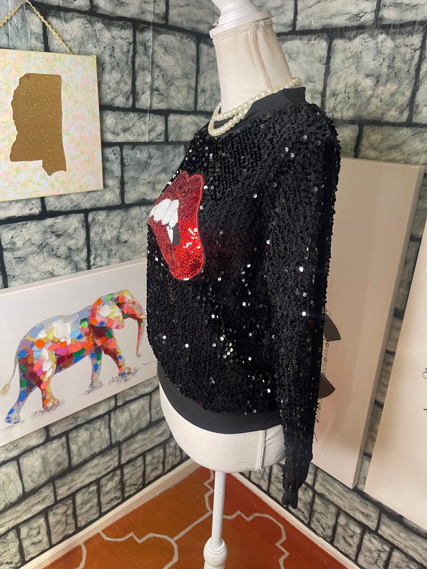 Black Sequin Lip Blouse Women sz Medium