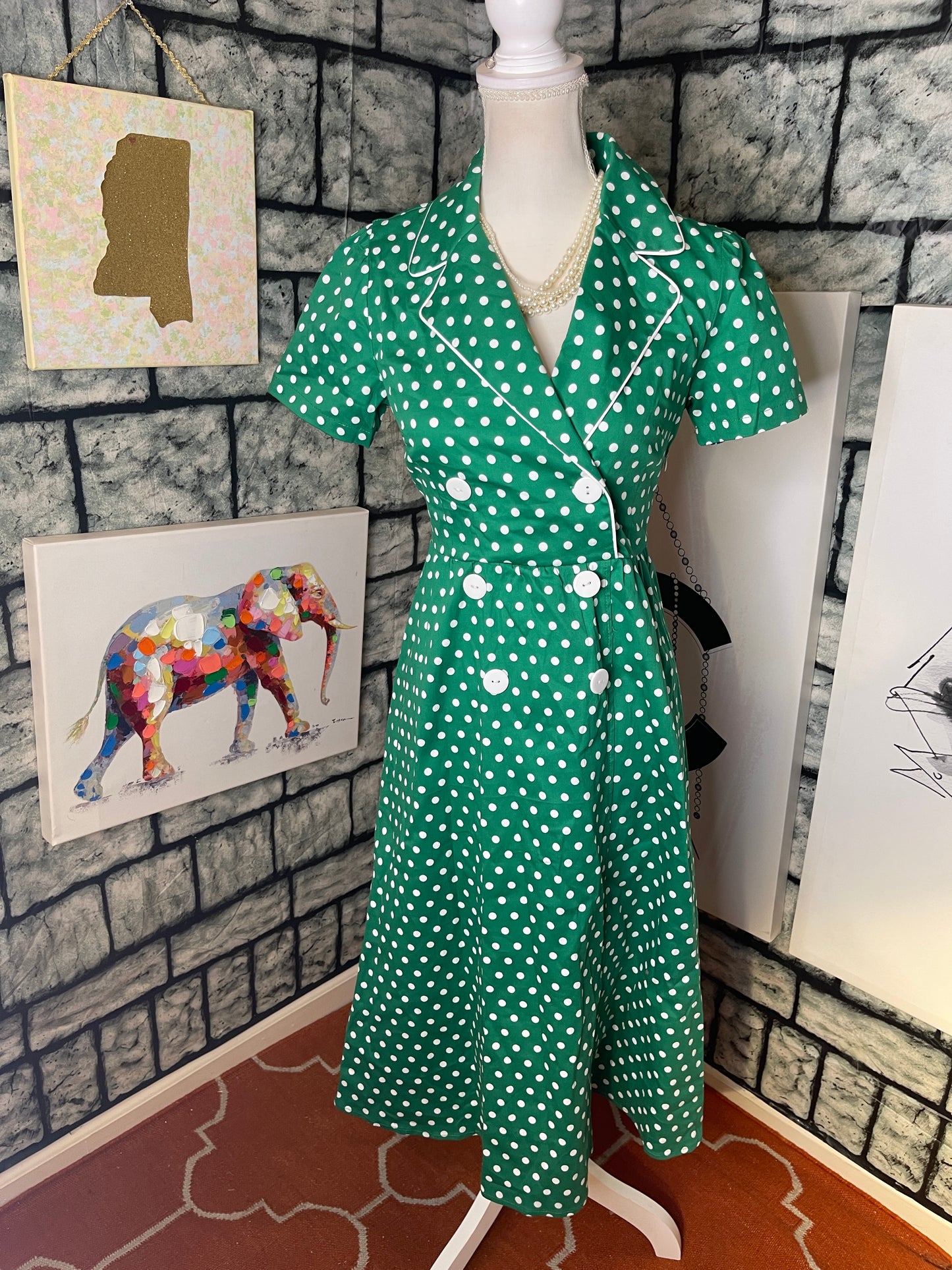 Green White Polka Dot Dress Women sz Medium