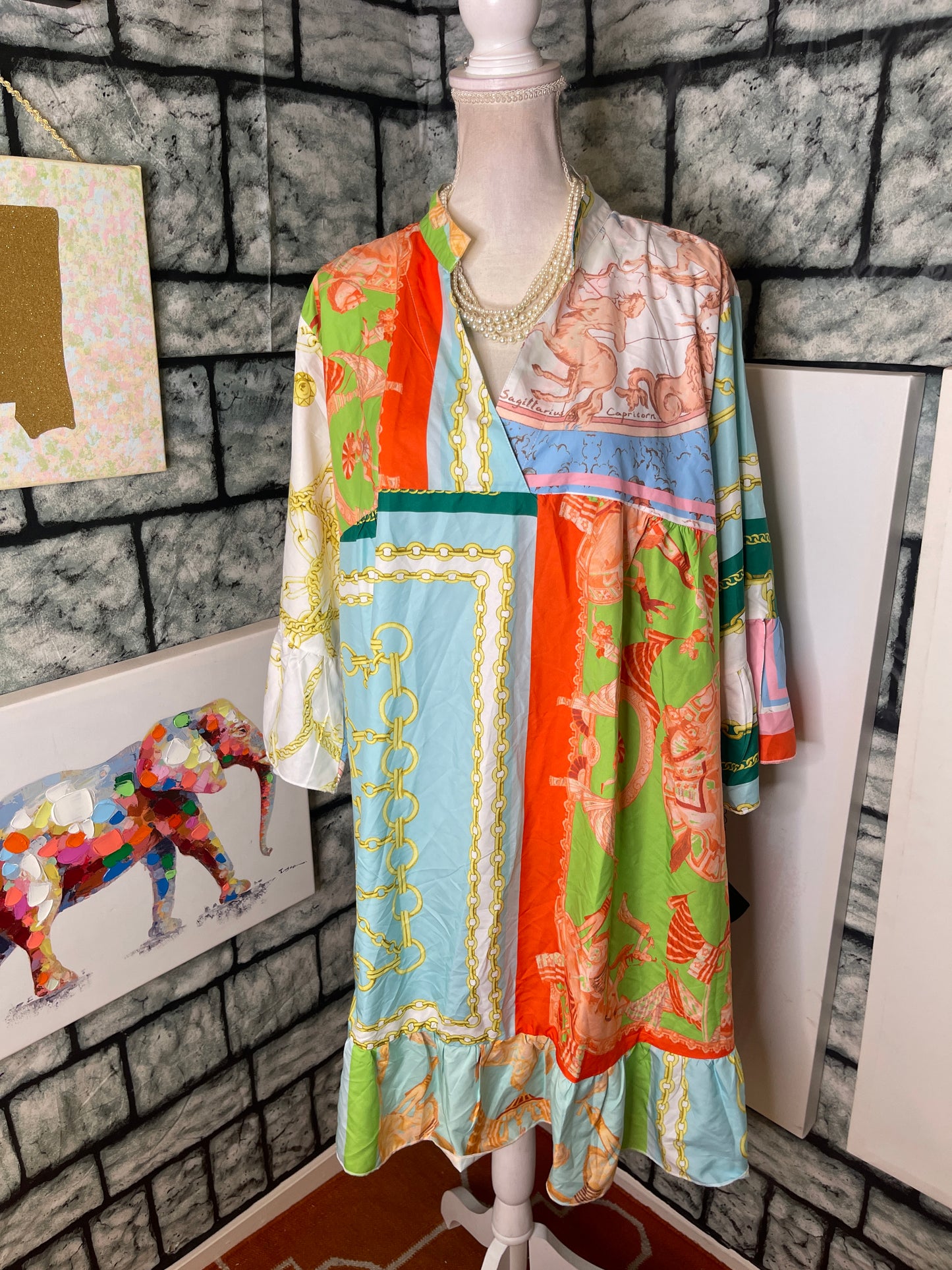 Beige Orange Green Chain Print Dress Women sz 3XL