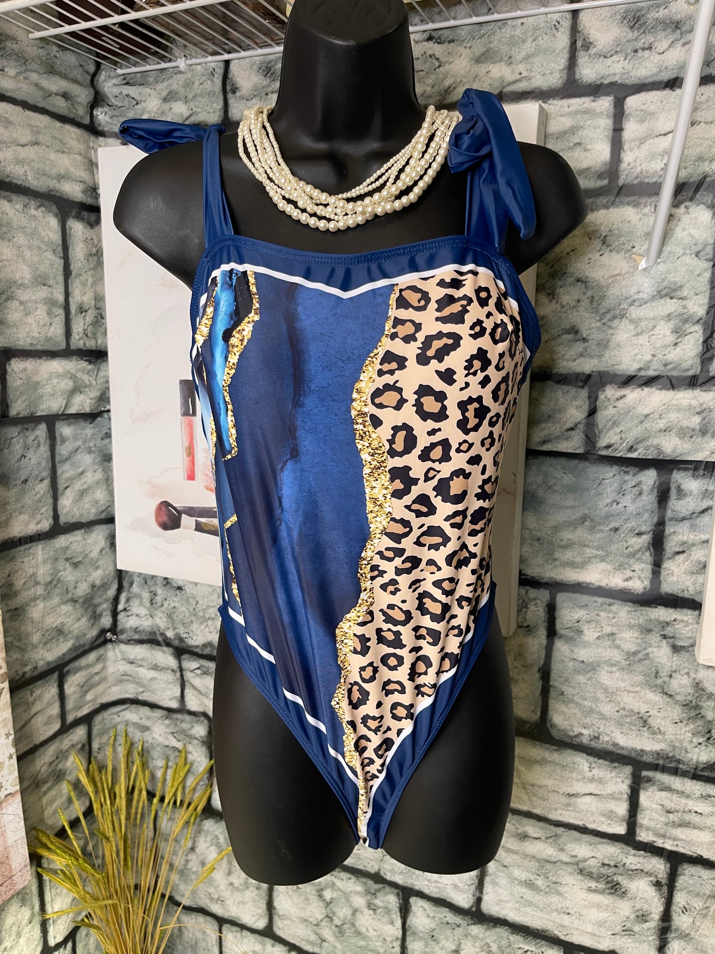 NEW Blue Tan Print Swimsuit Women sz 0XL (BEST FIT LARGE)