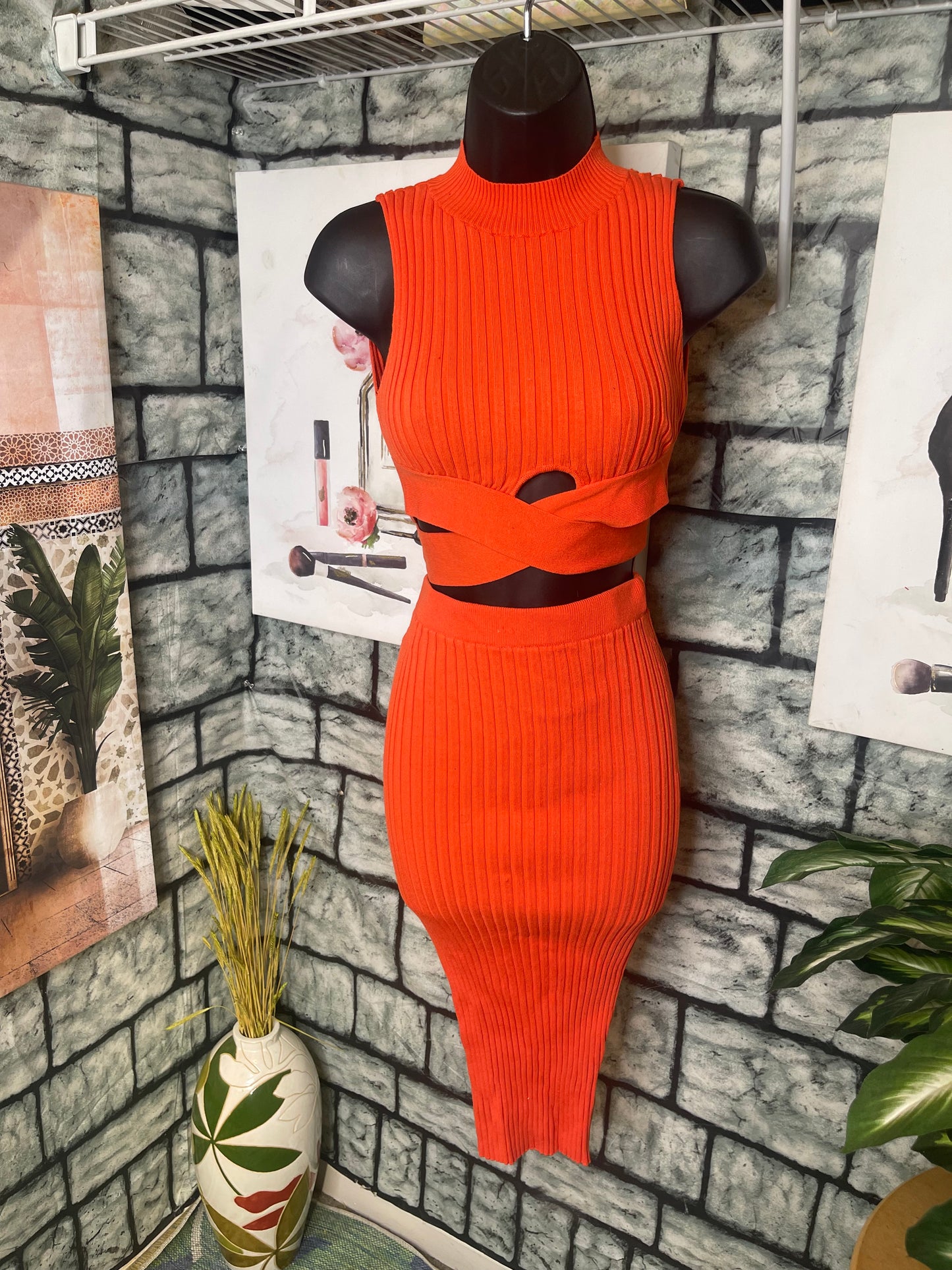 Fashion Nova Orange 2 Piece Skirt Set Women sz Small