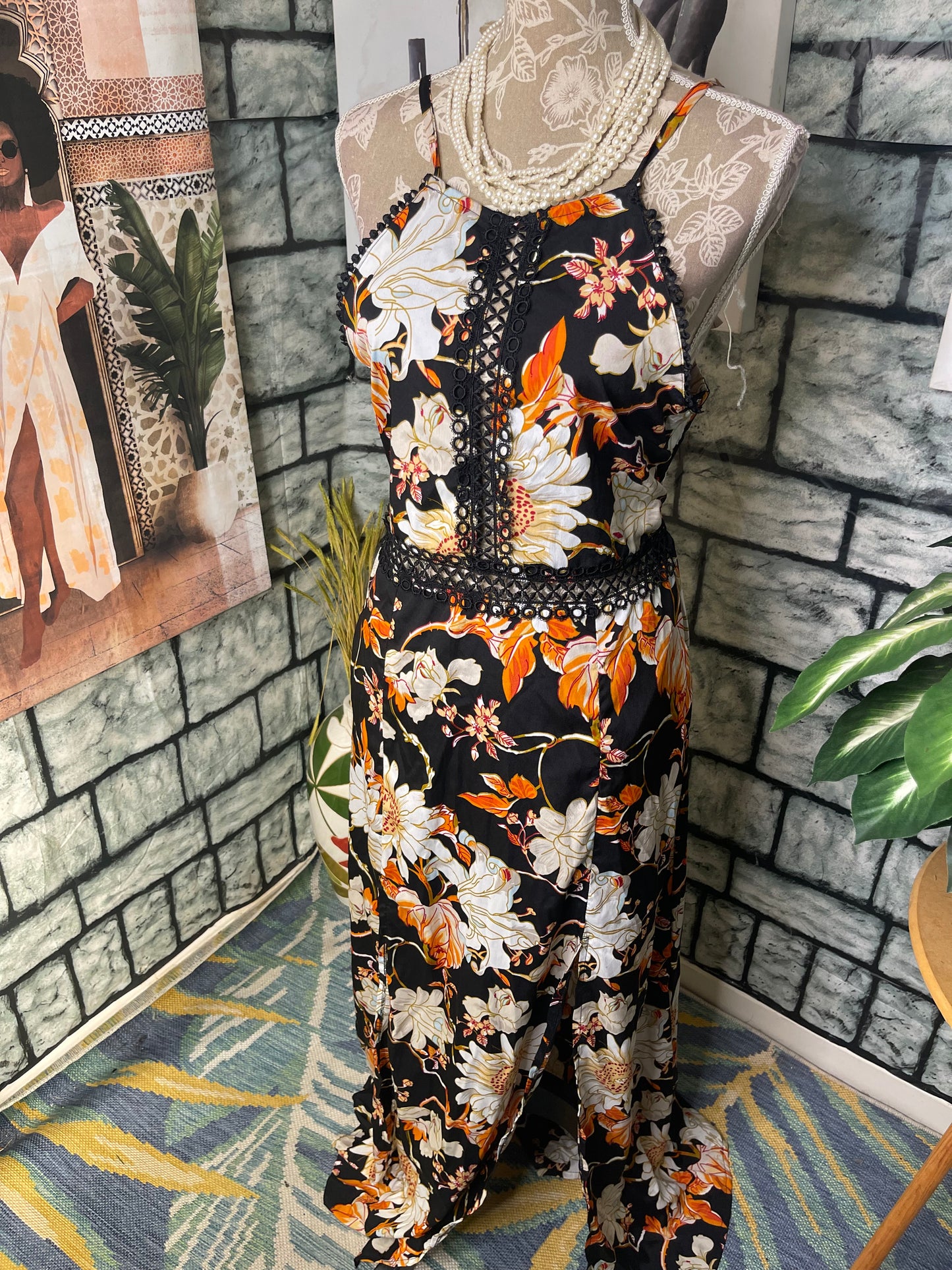 Tea Cola Black Orange Print Dress Women sz XL