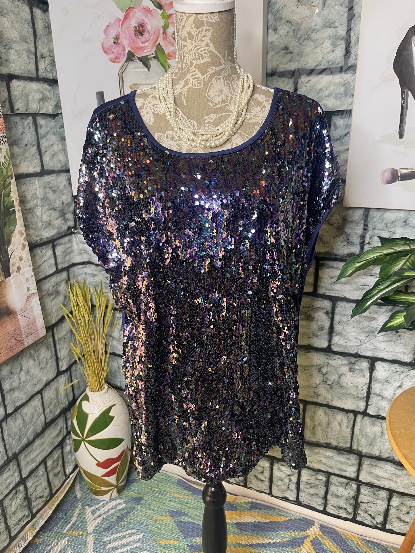 In voland Blue Sequin Blouse Women sz 16