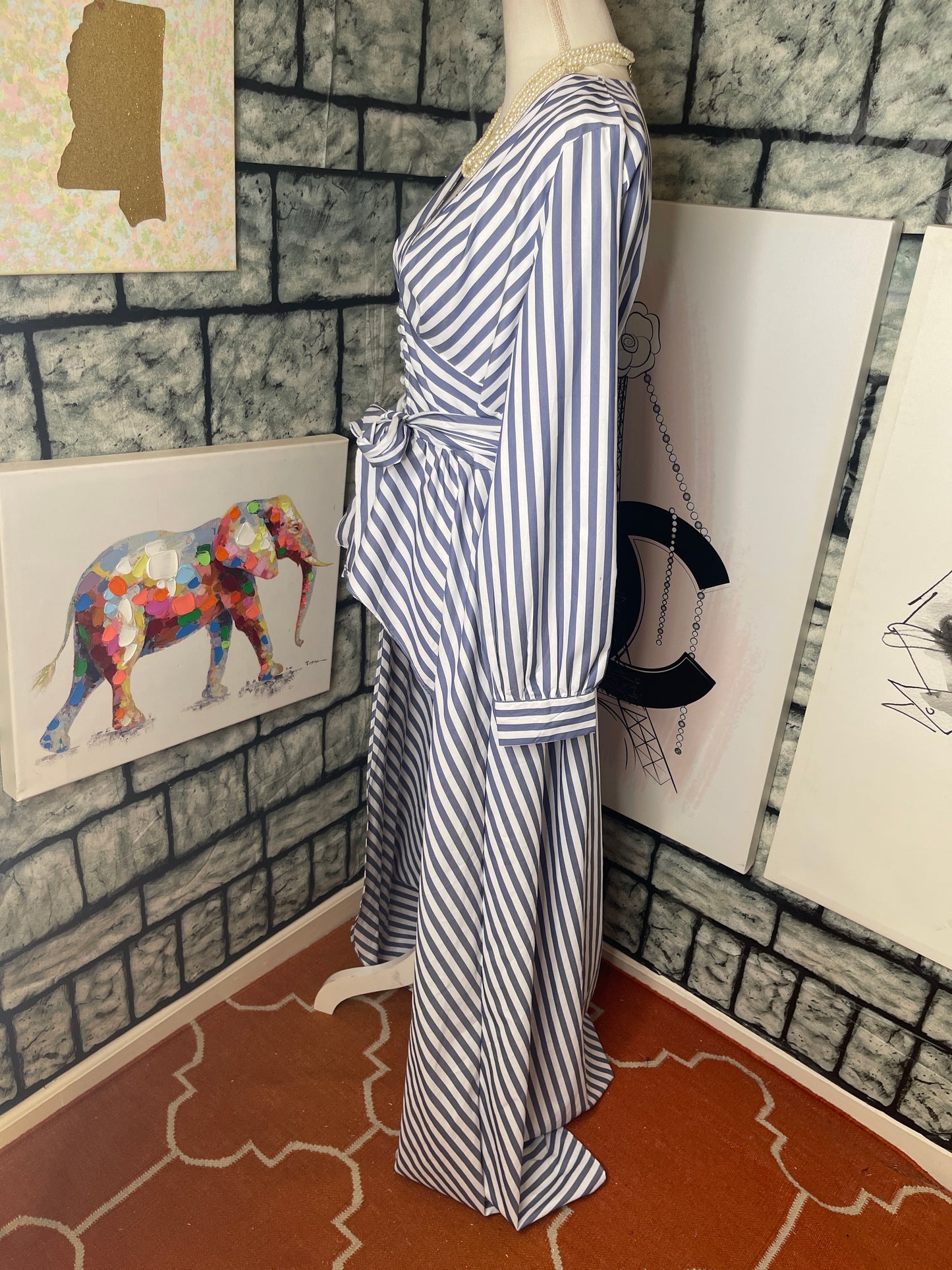 Blue white high low blouse women sz xl
