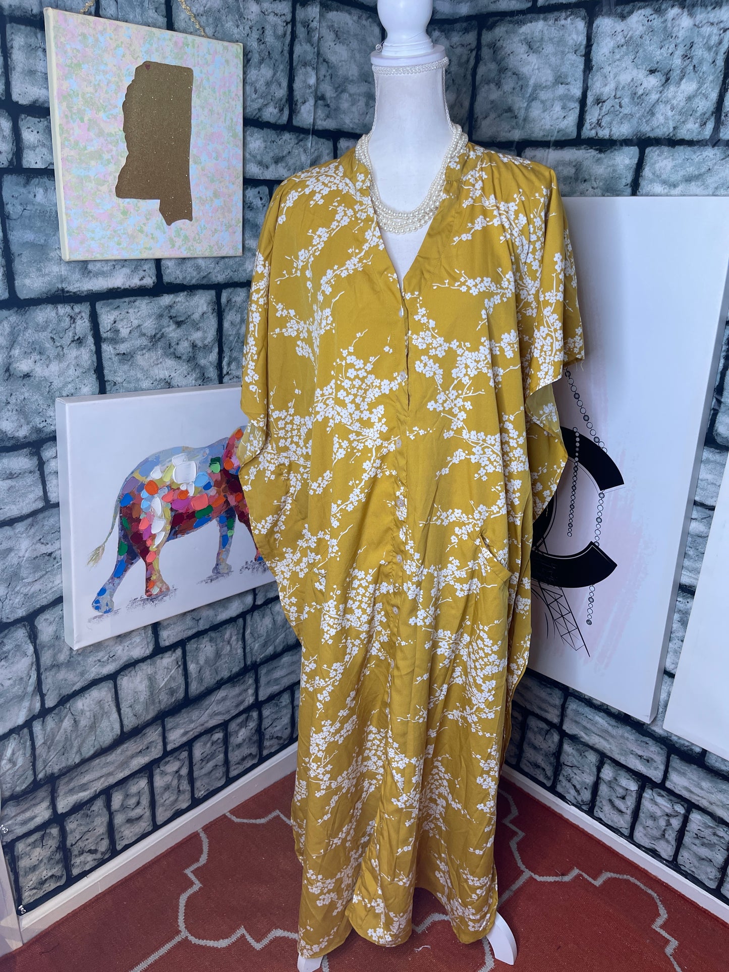 Yellow White Button Dress / Cover Women sz One Size (would say fits up to Large)