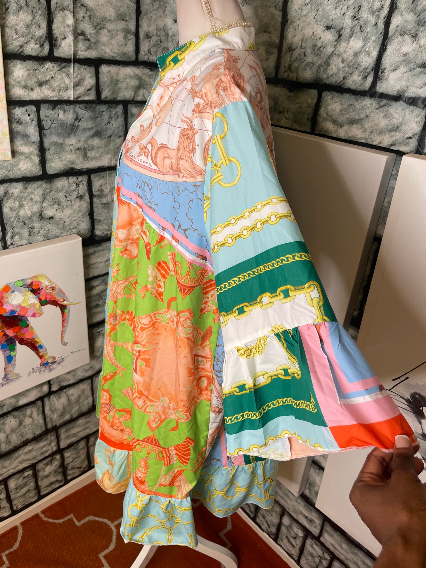 Beige Orange Green Chain Print Dress Women sz 3XL