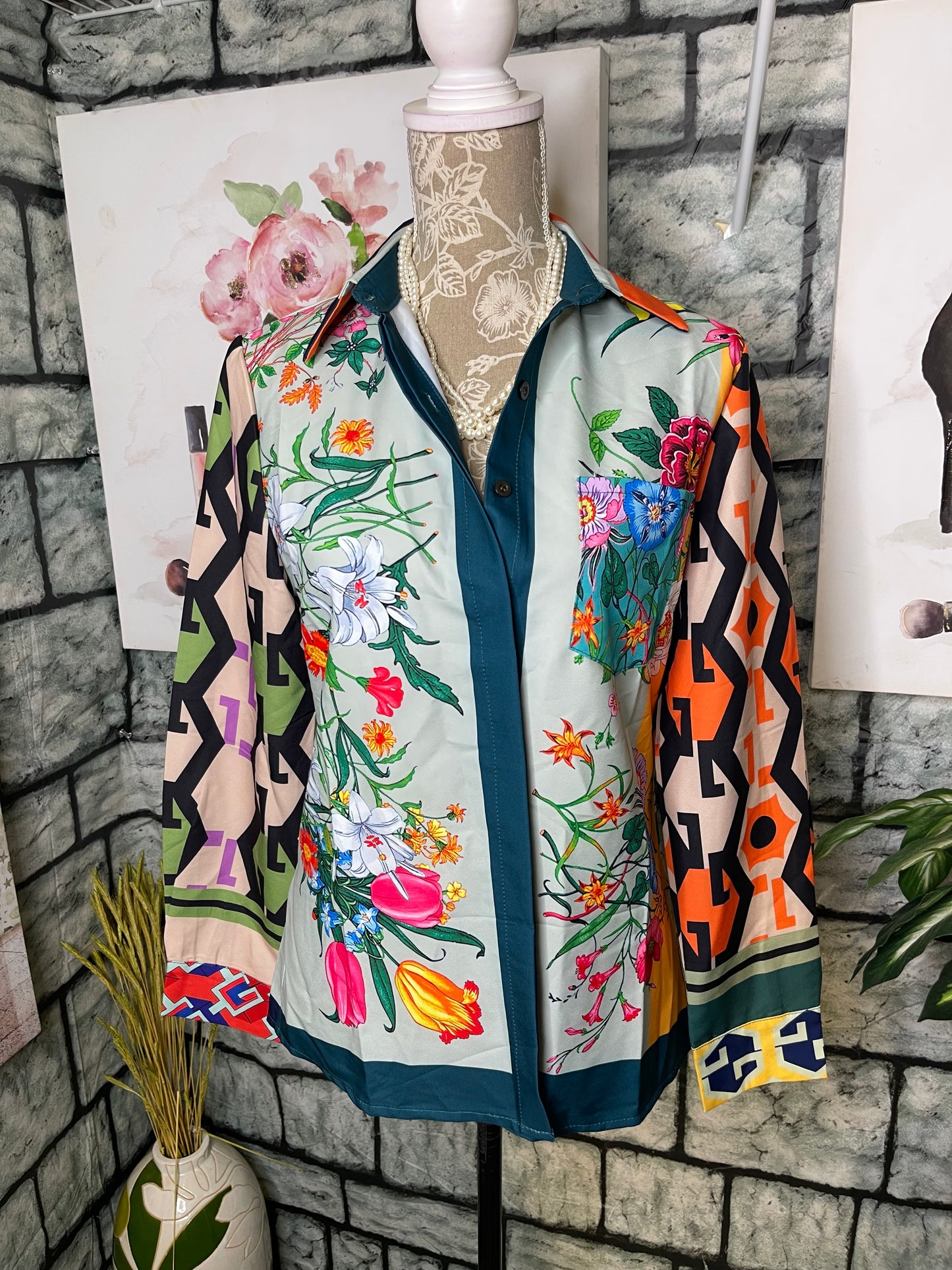 Green Floral Print Blouse Women sz Large