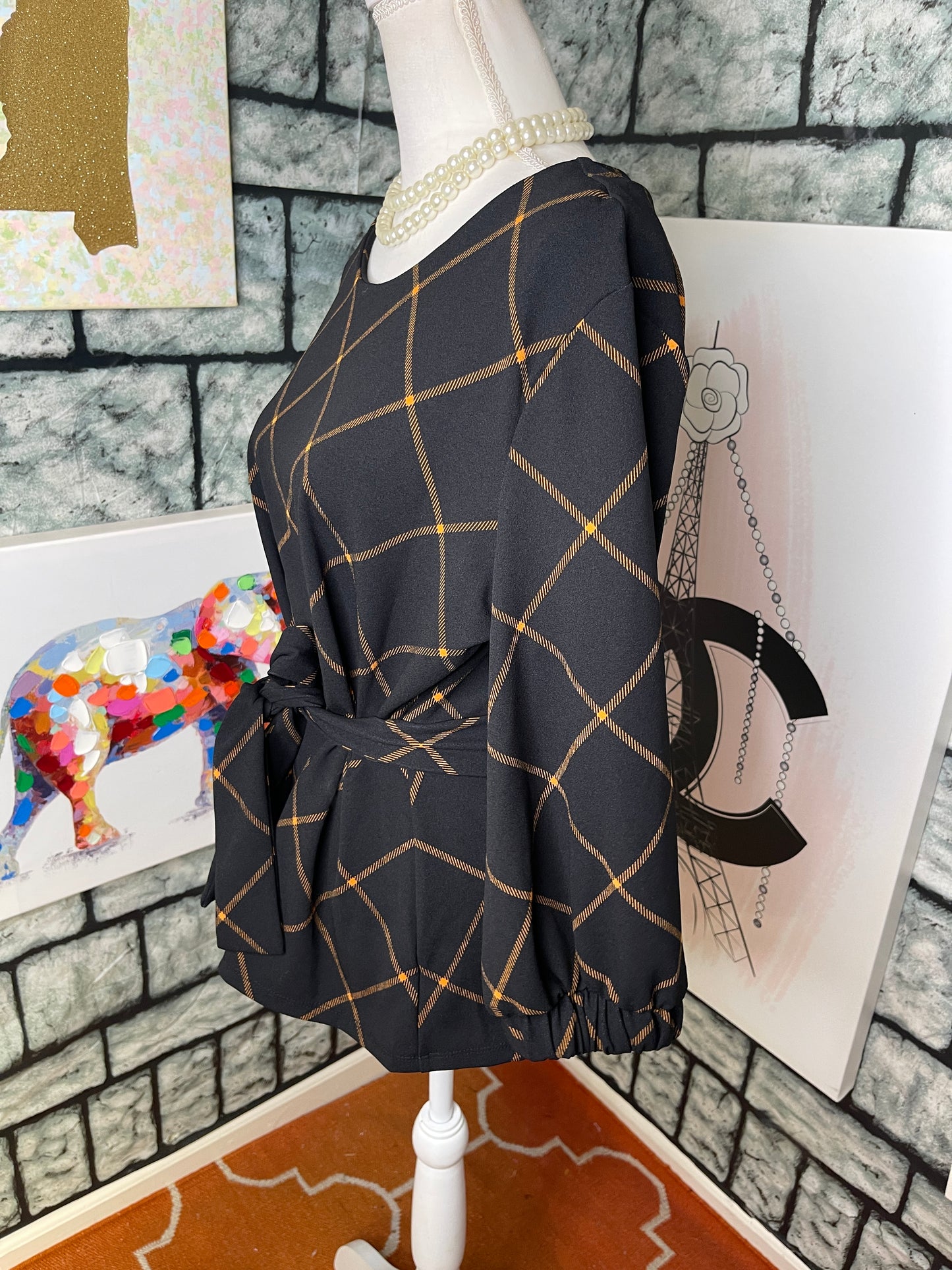 NEW Worthington Black Yellow Blouse Women sz Large