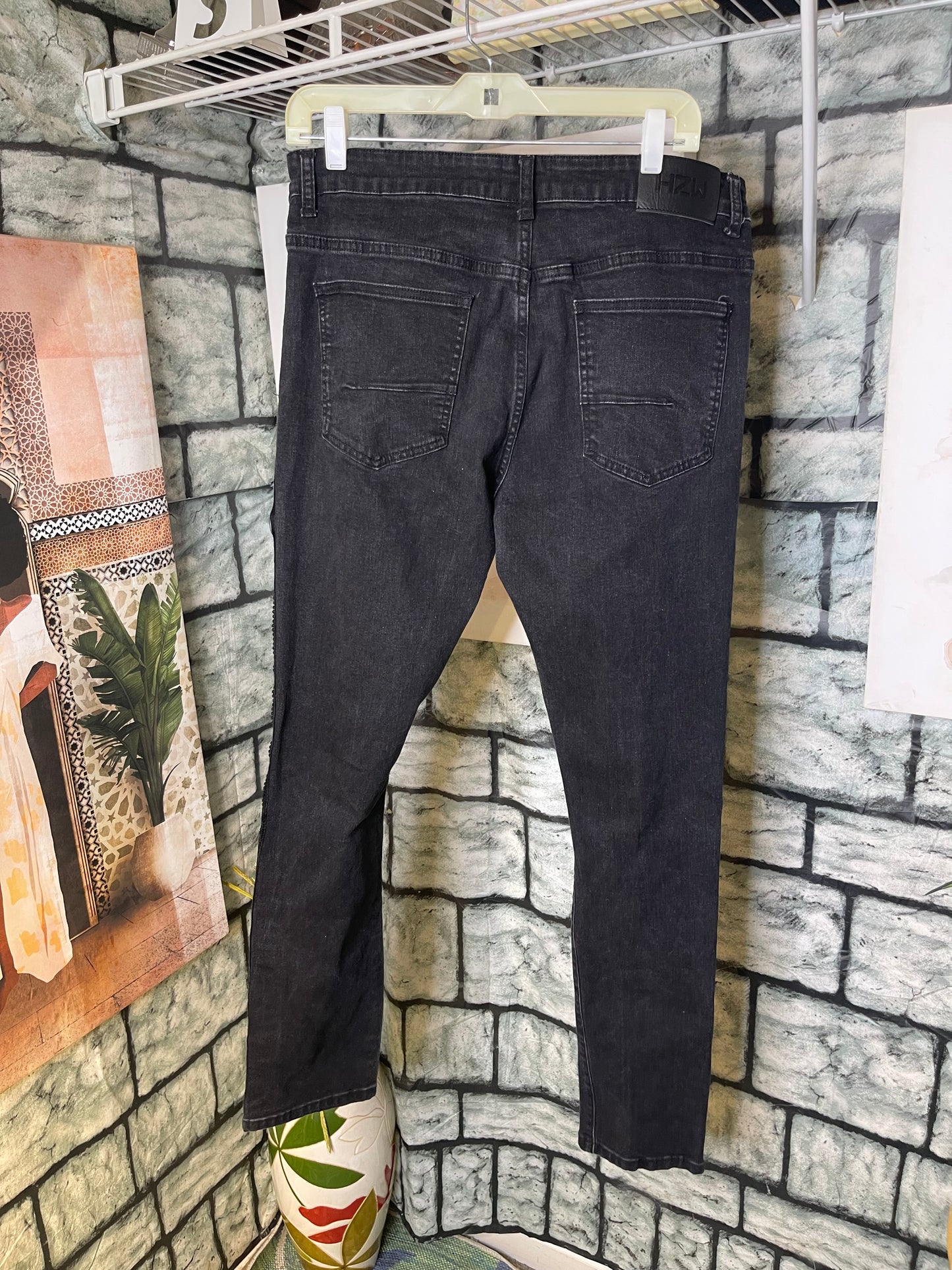 HZW Black Blue Denim Rhinestone Jeans Men sz 34