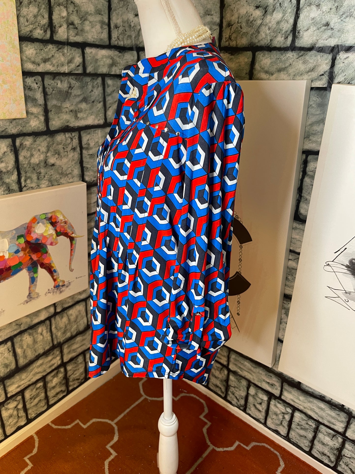 Cocomo Blue Red Black Whtie Blouse Women Sz Medium