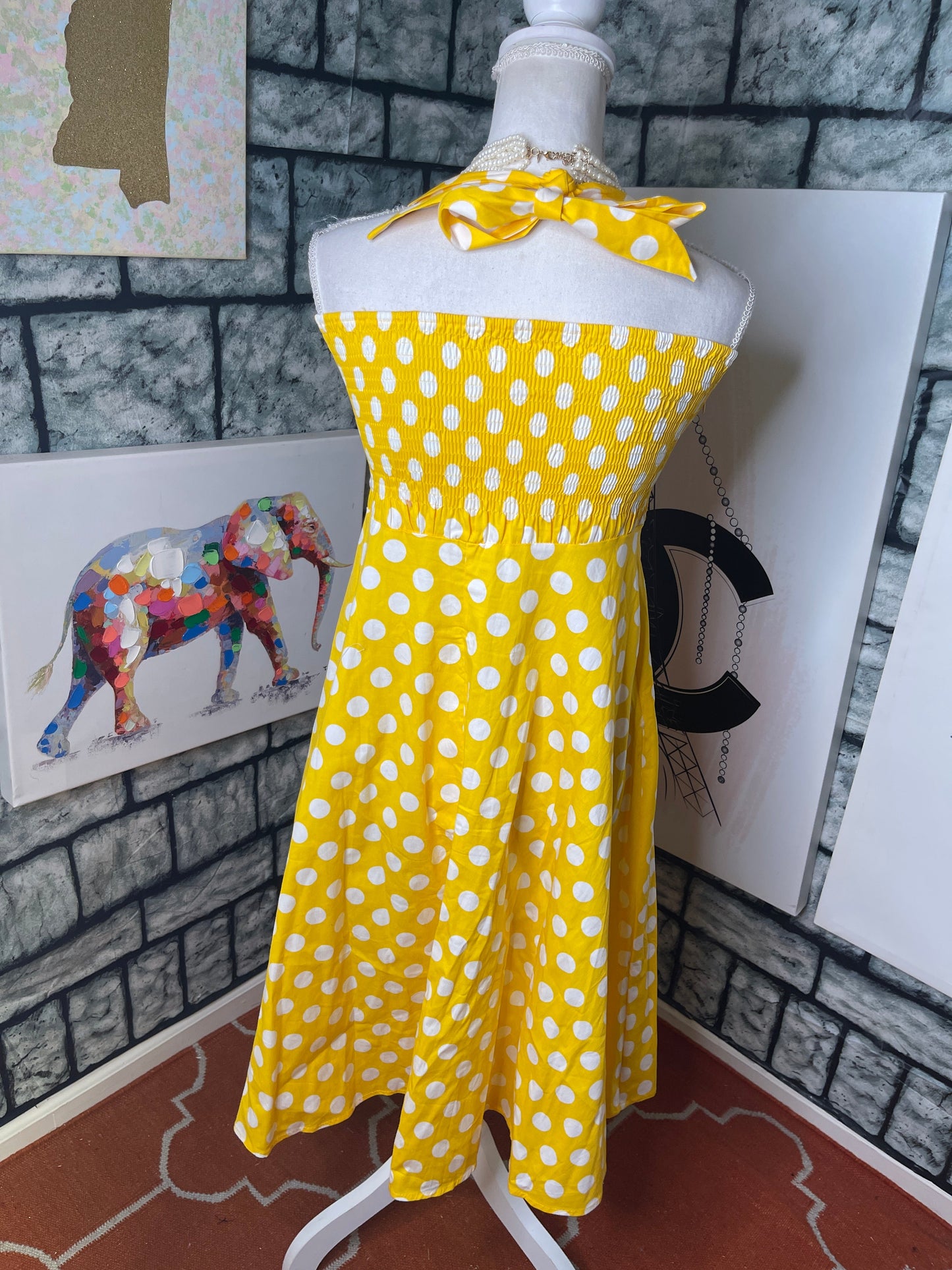 Yellow and White Polka Dot Dress Women Sz Large