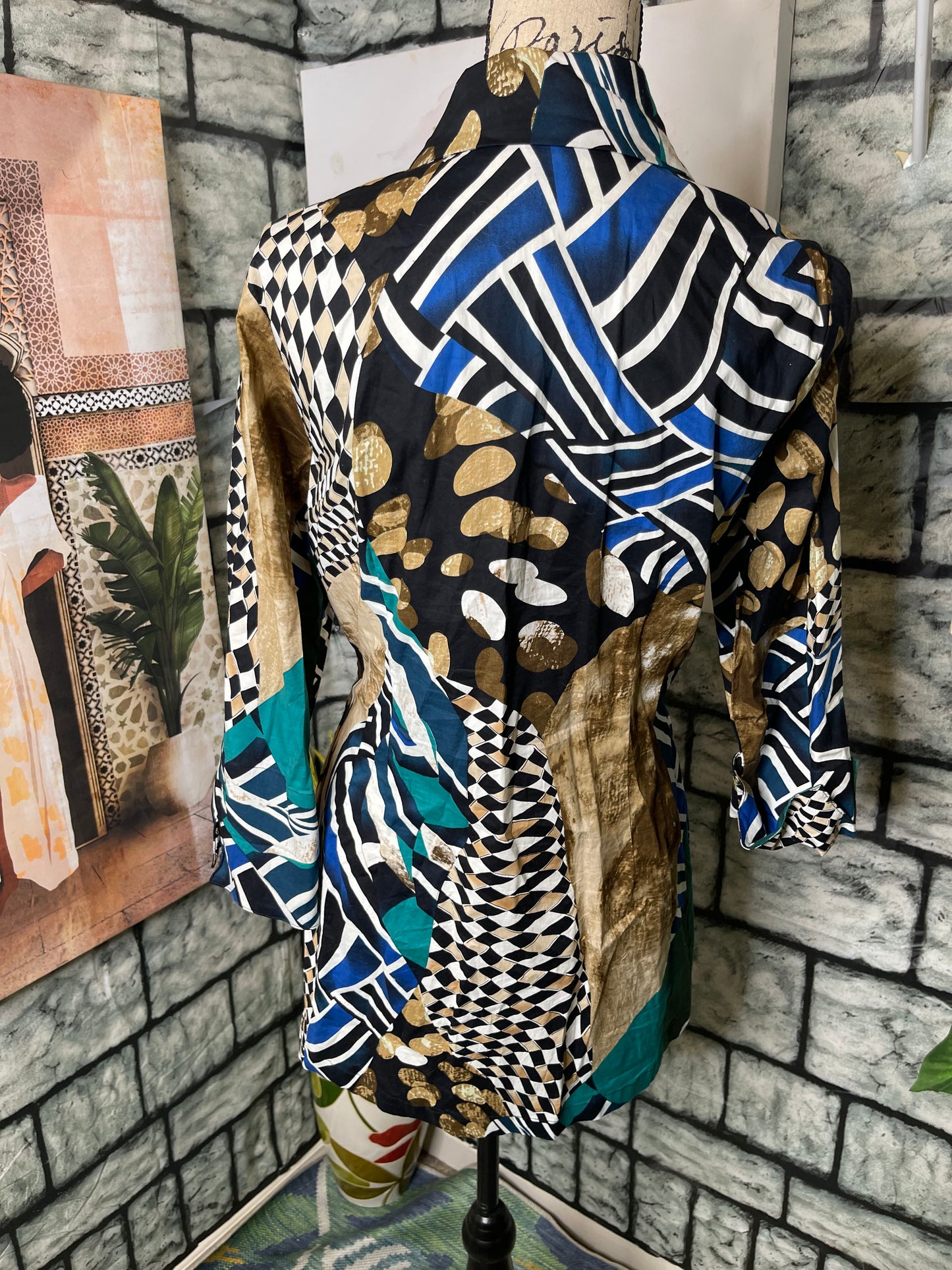Mishca Blue Black Print Blouse Women sz Large