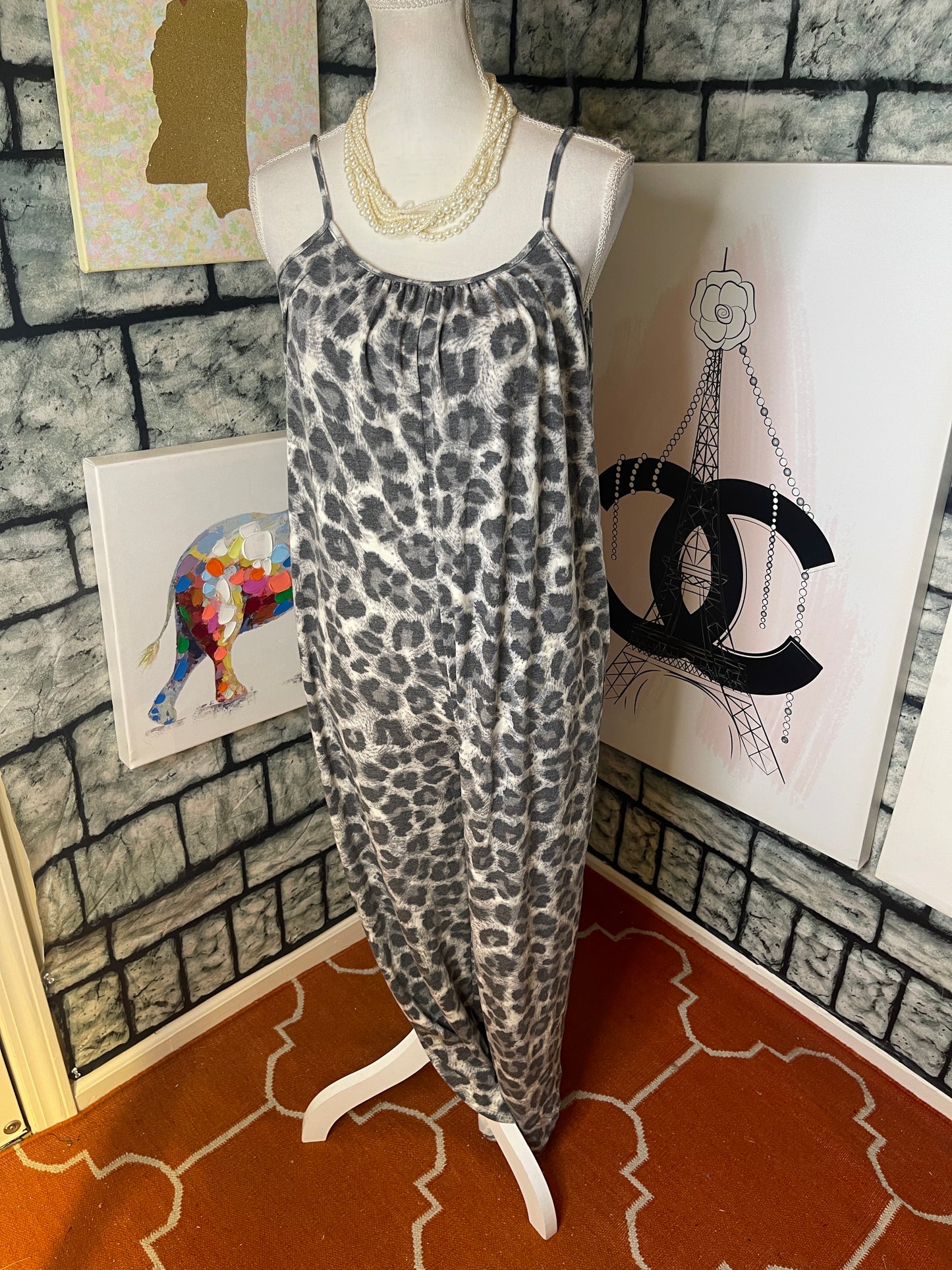 Zenana Gray Animal Print Jumpsuit Women sz Small
