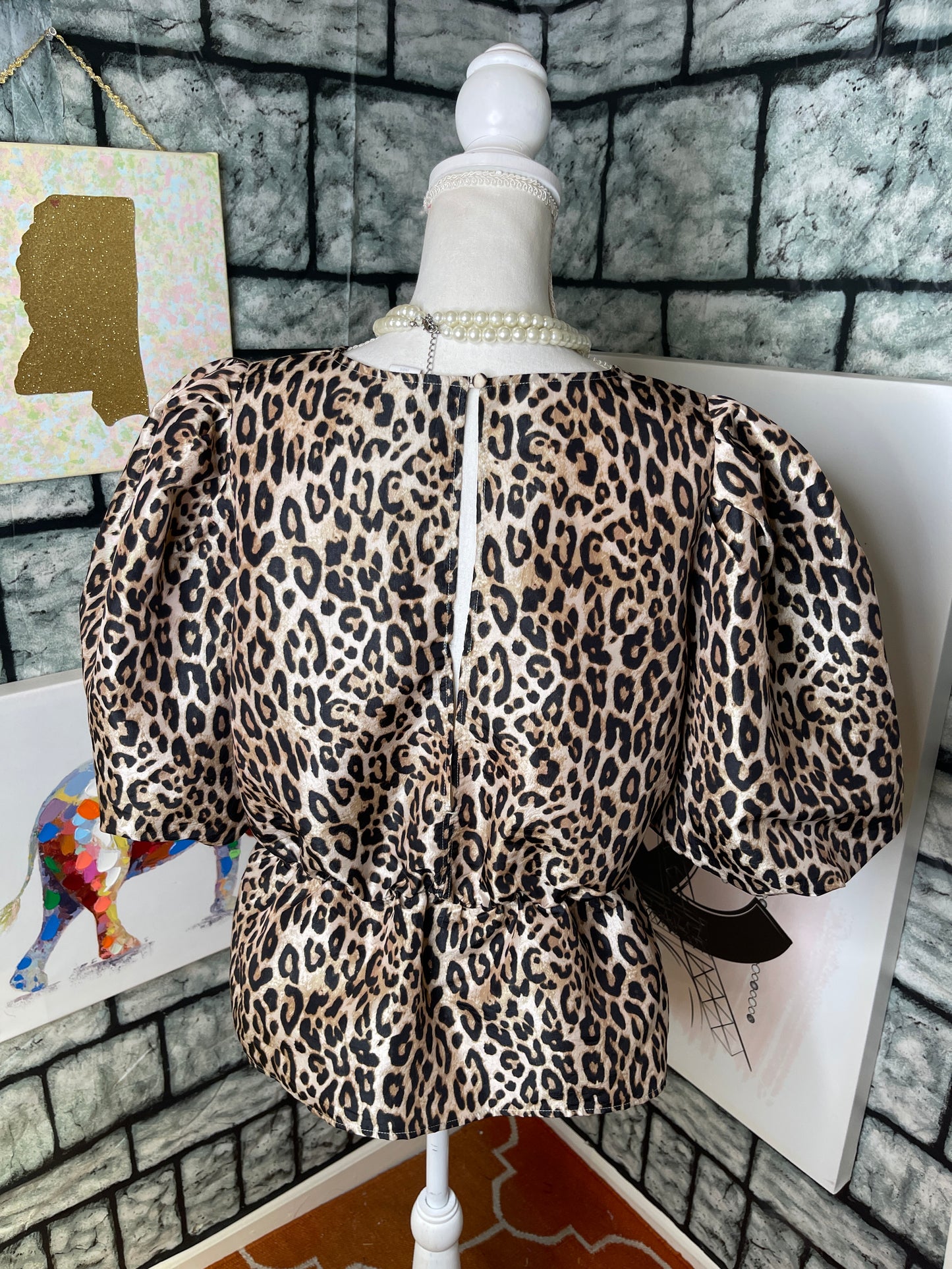 H&M Brown Black Animal Print Puff Blouse Women sz Large