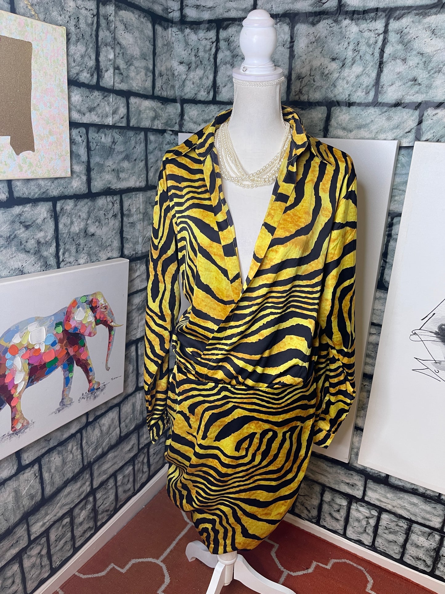 Fashion Nova Yellow Black Print Dress Women sz 1XL