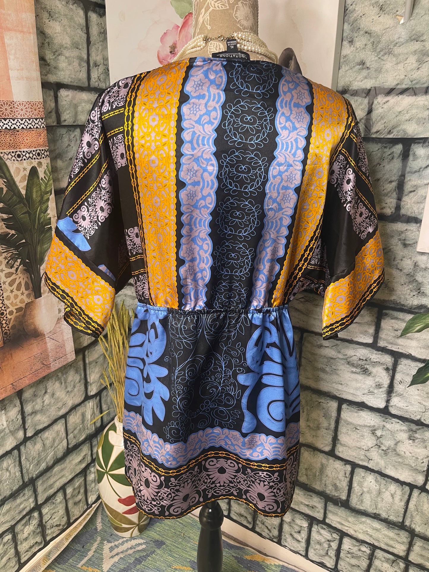 Notations Blue Yellow Blouse Women sz XL