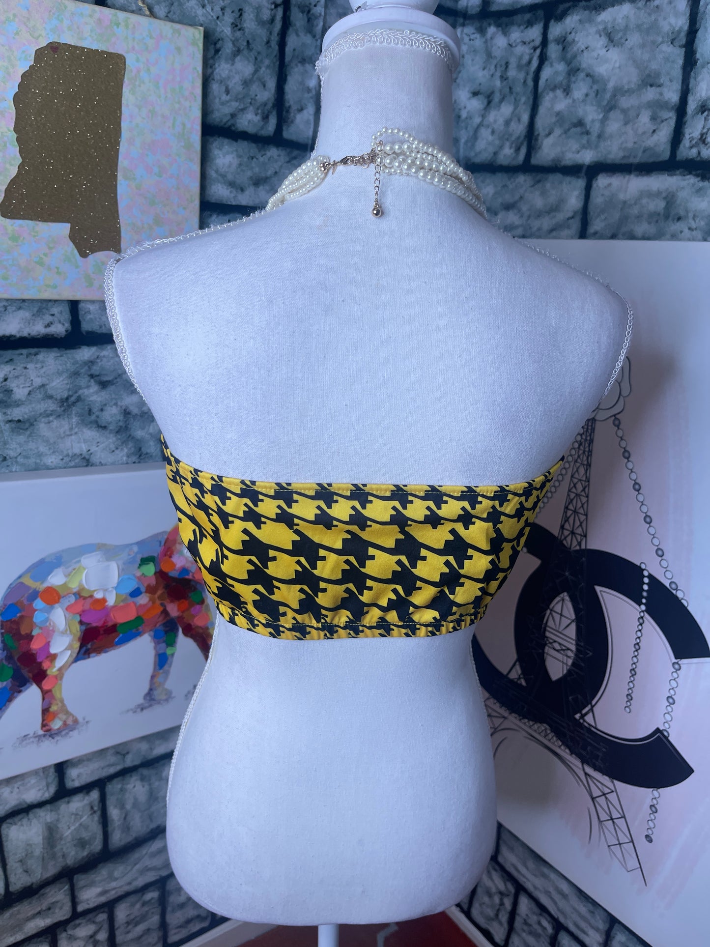 Yellow black crop top blouse women sz small