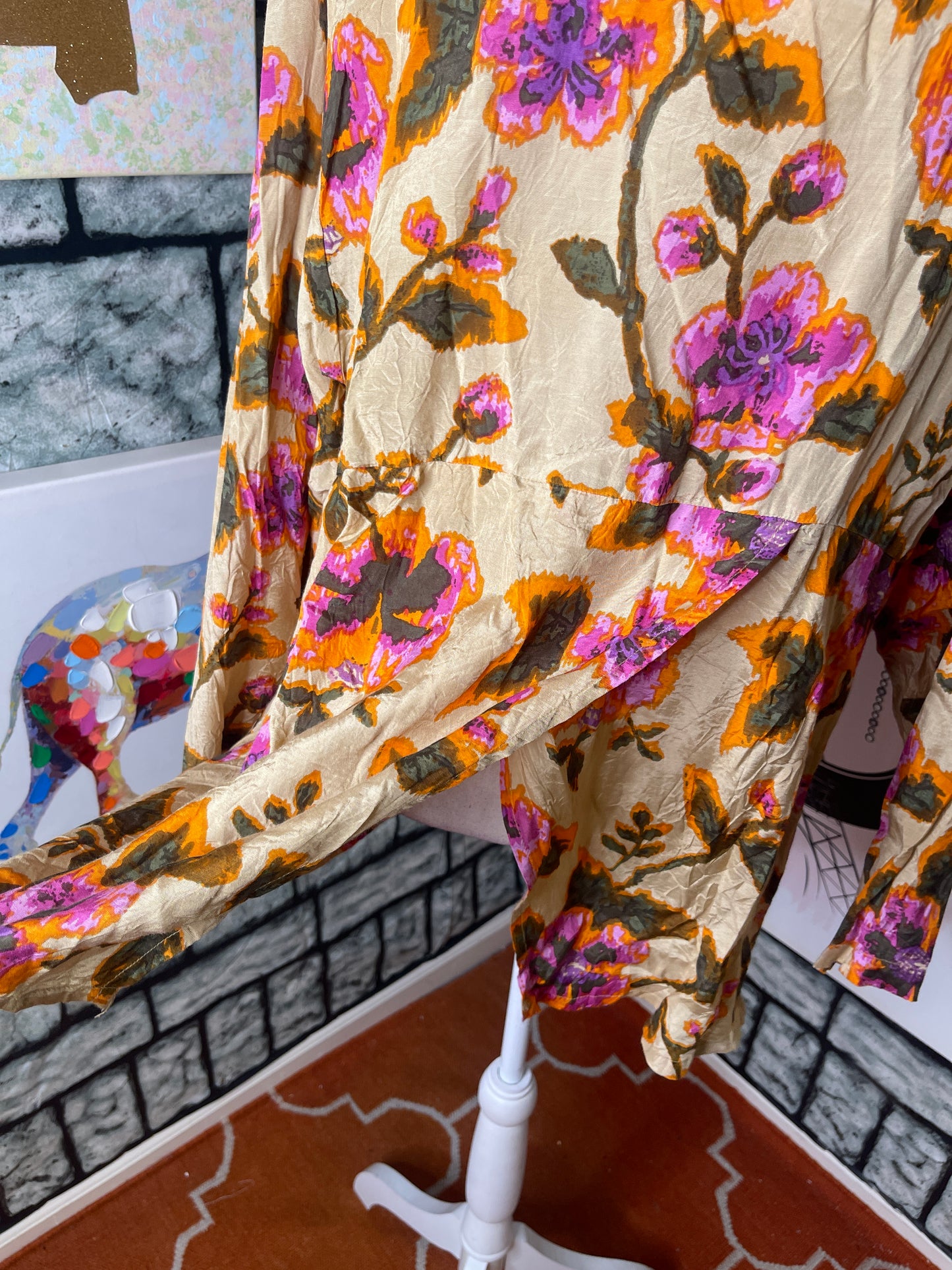 Masai Tan Flroal Blouse Women sz XL