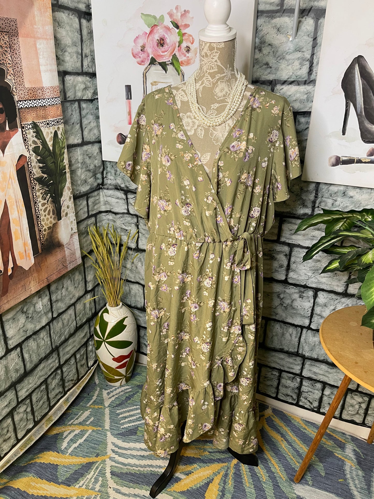 Shein Green Purple Floral Dress Women sz 4XL