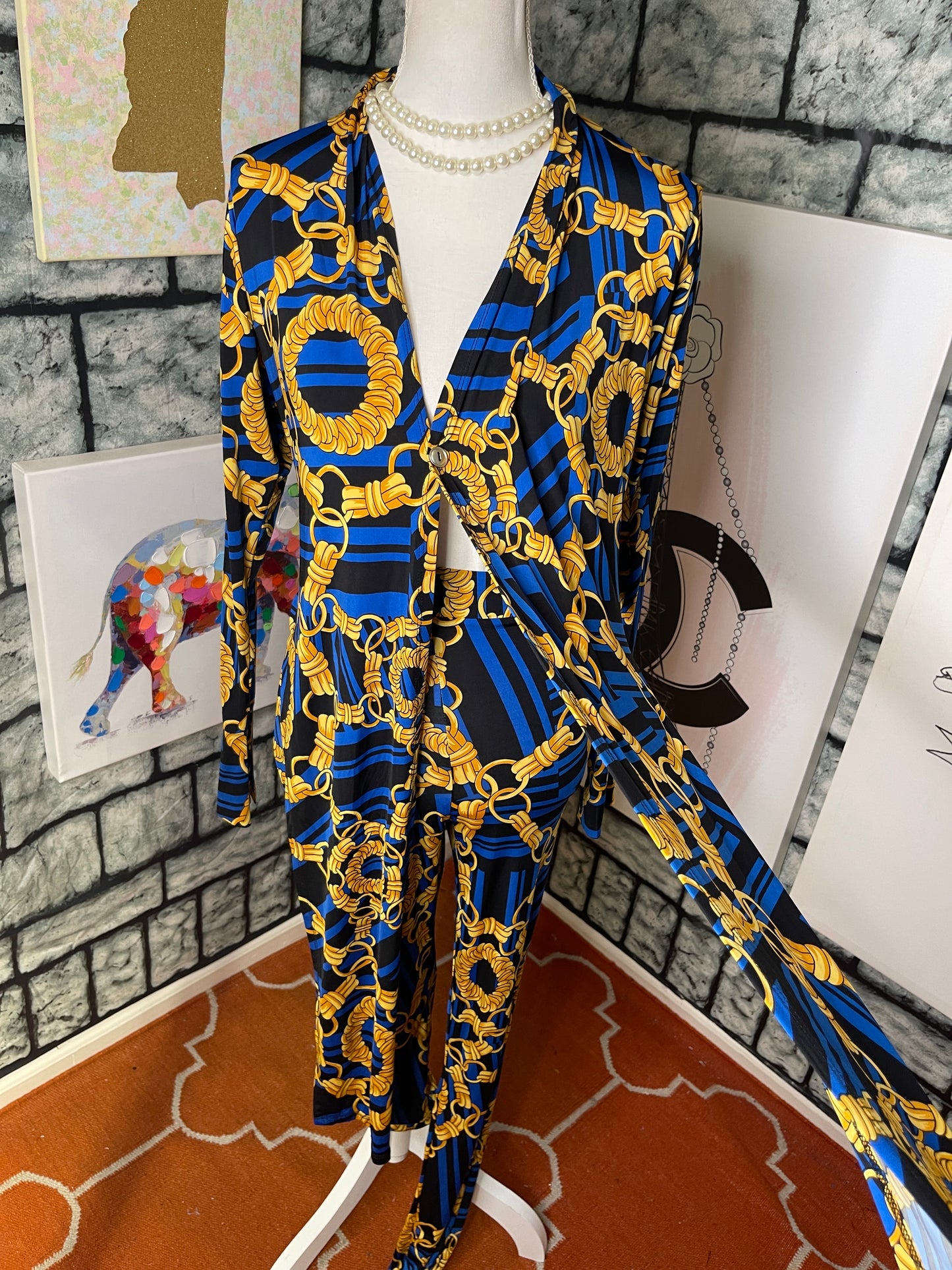 Fashion Nova 2 piece Blue Yellow Chain Pants set Women sz Small