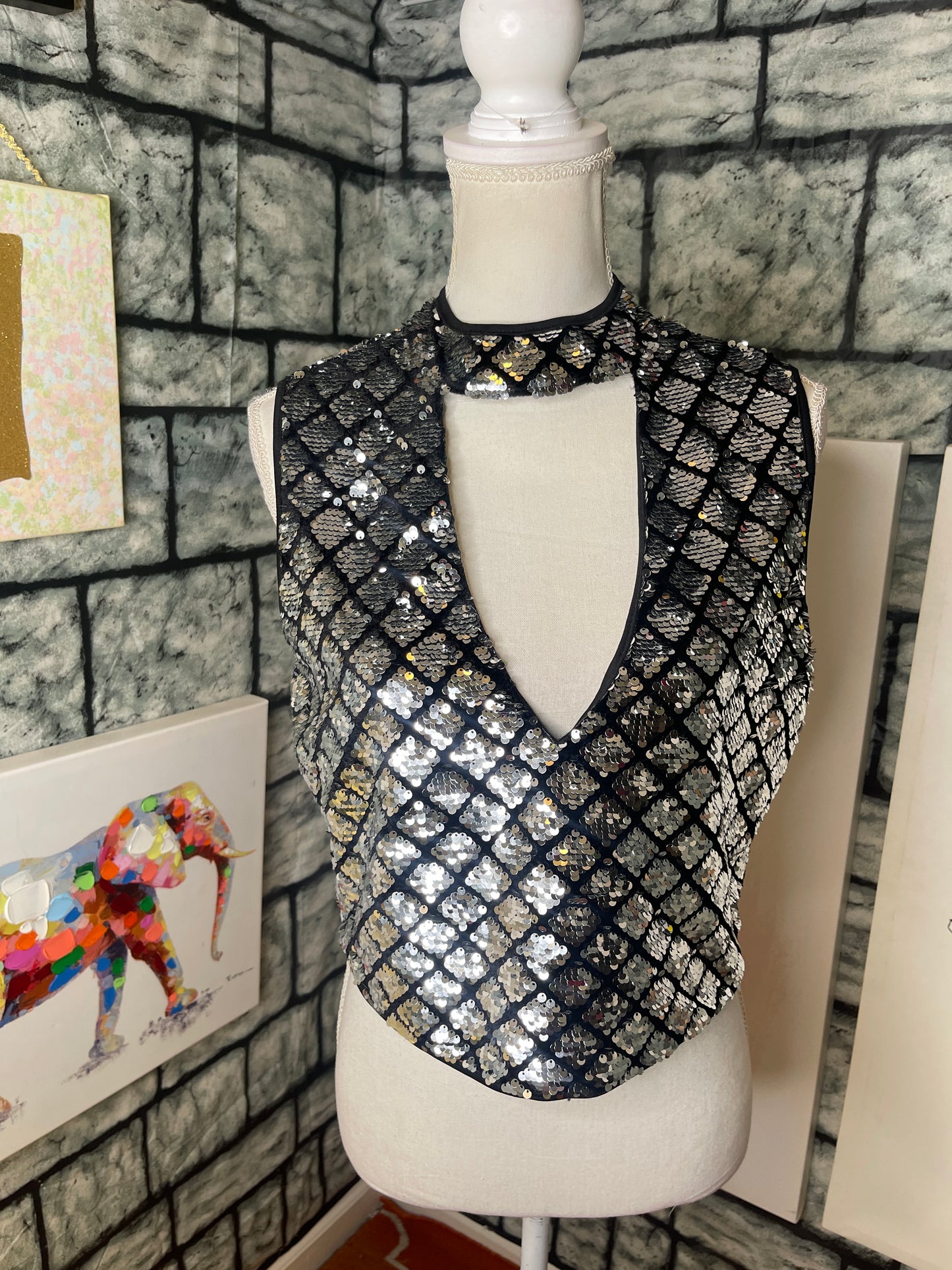 Say what silver black blouse women sz XL