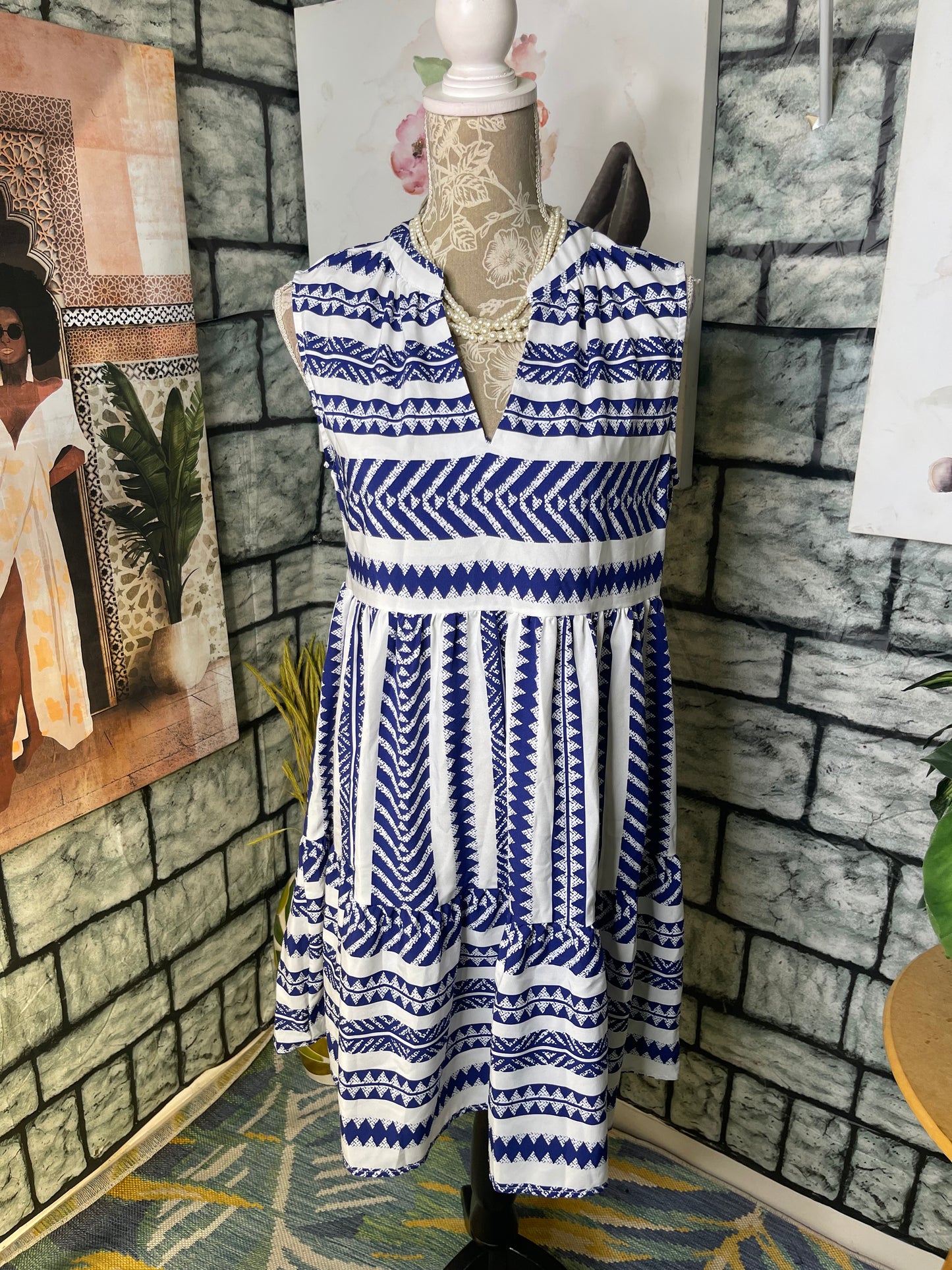 Blue White Print Dress Women sz Medium