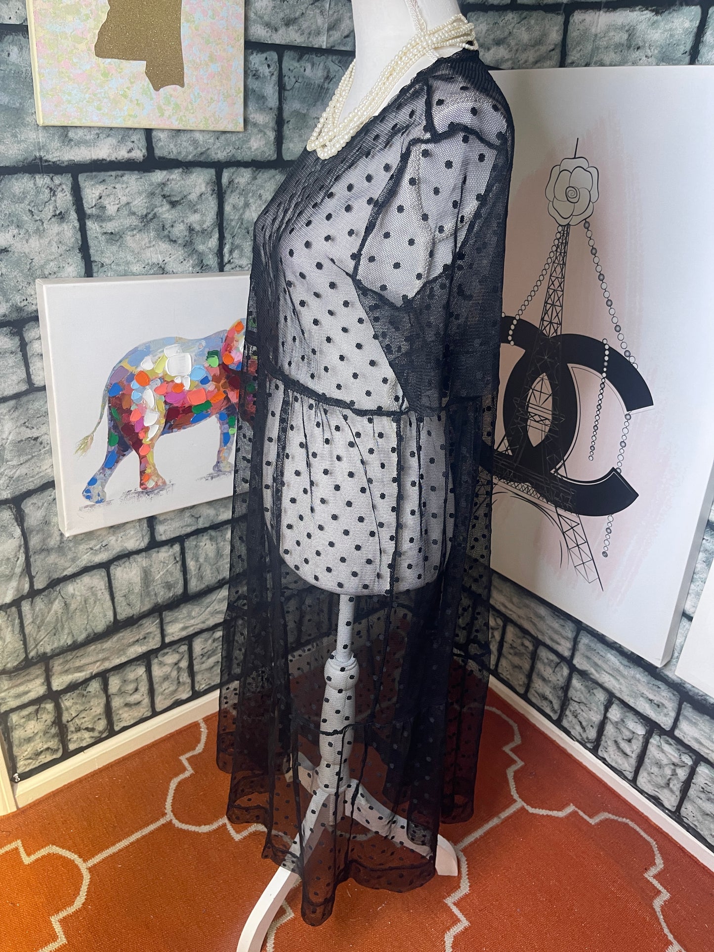 Black Polka Dot Sheer Dress Women sz Large