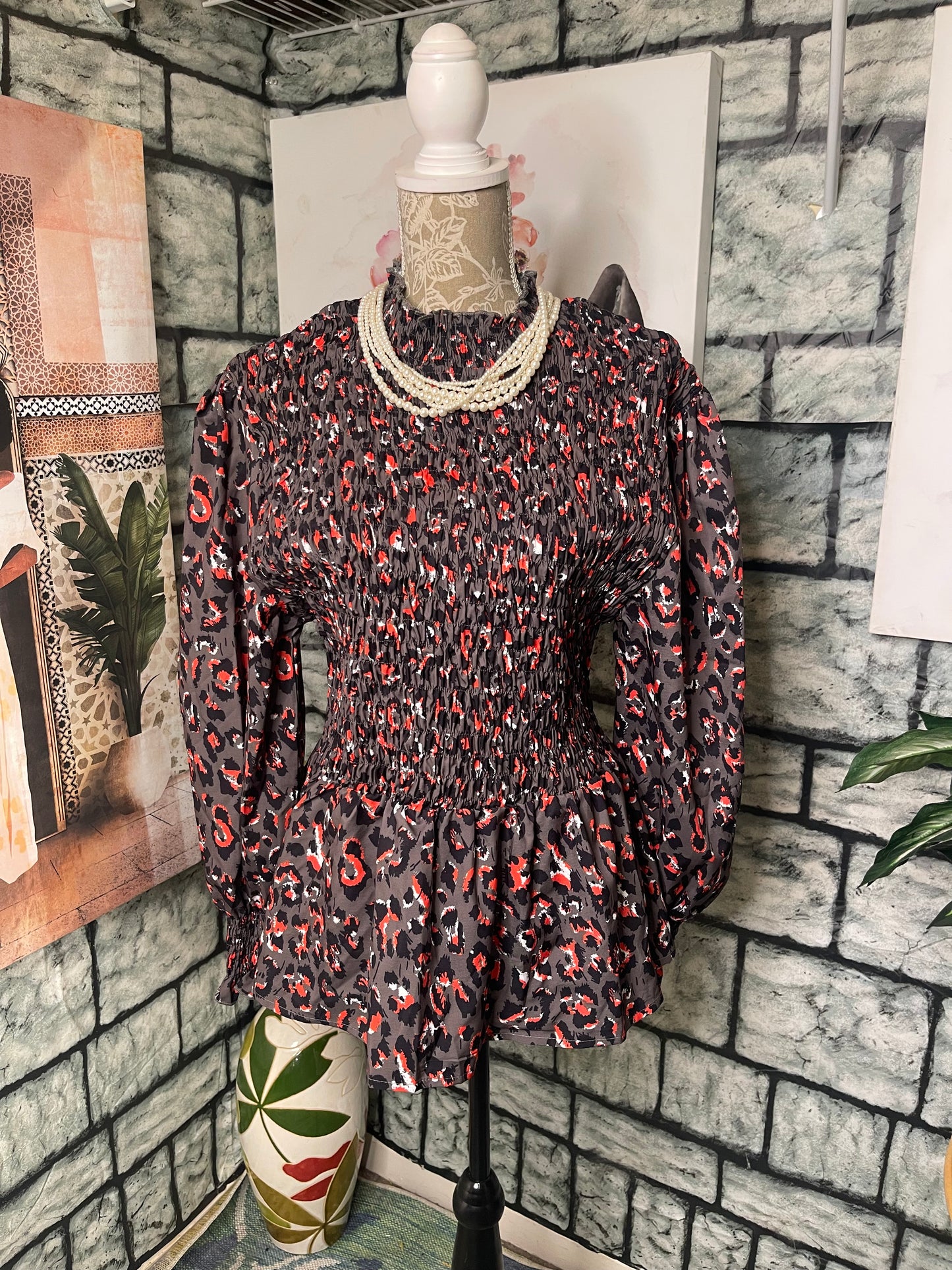 Shein Gray Orange Print Blouse Women sz 2XL