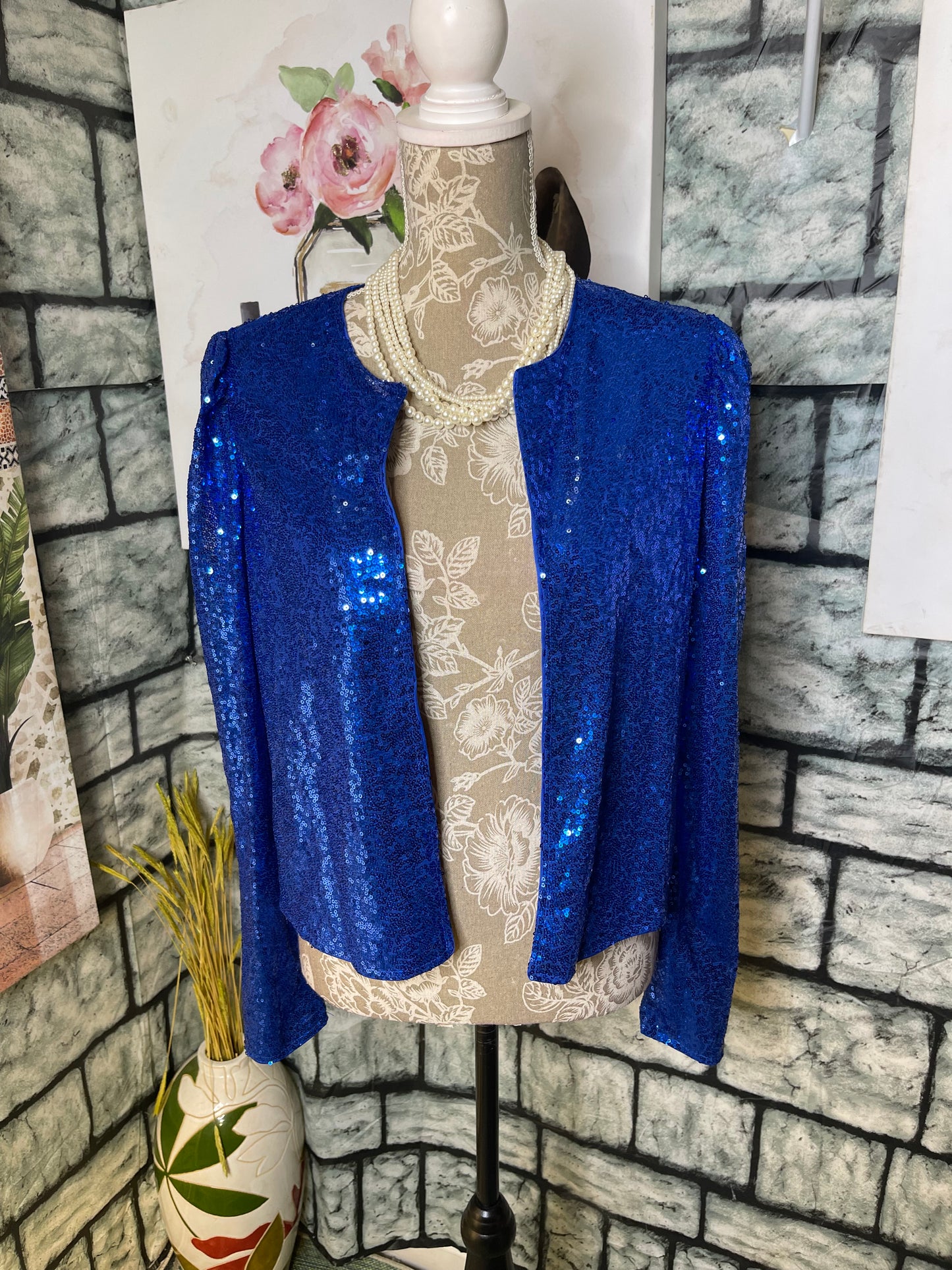 Shein Blue Sequin Blazer Top Women sz Medium
